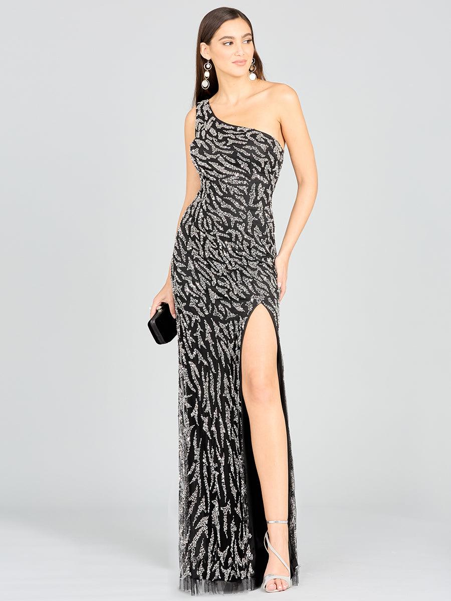 Prom Dresses One Shoulder Beaded Evening Gown Black Silver