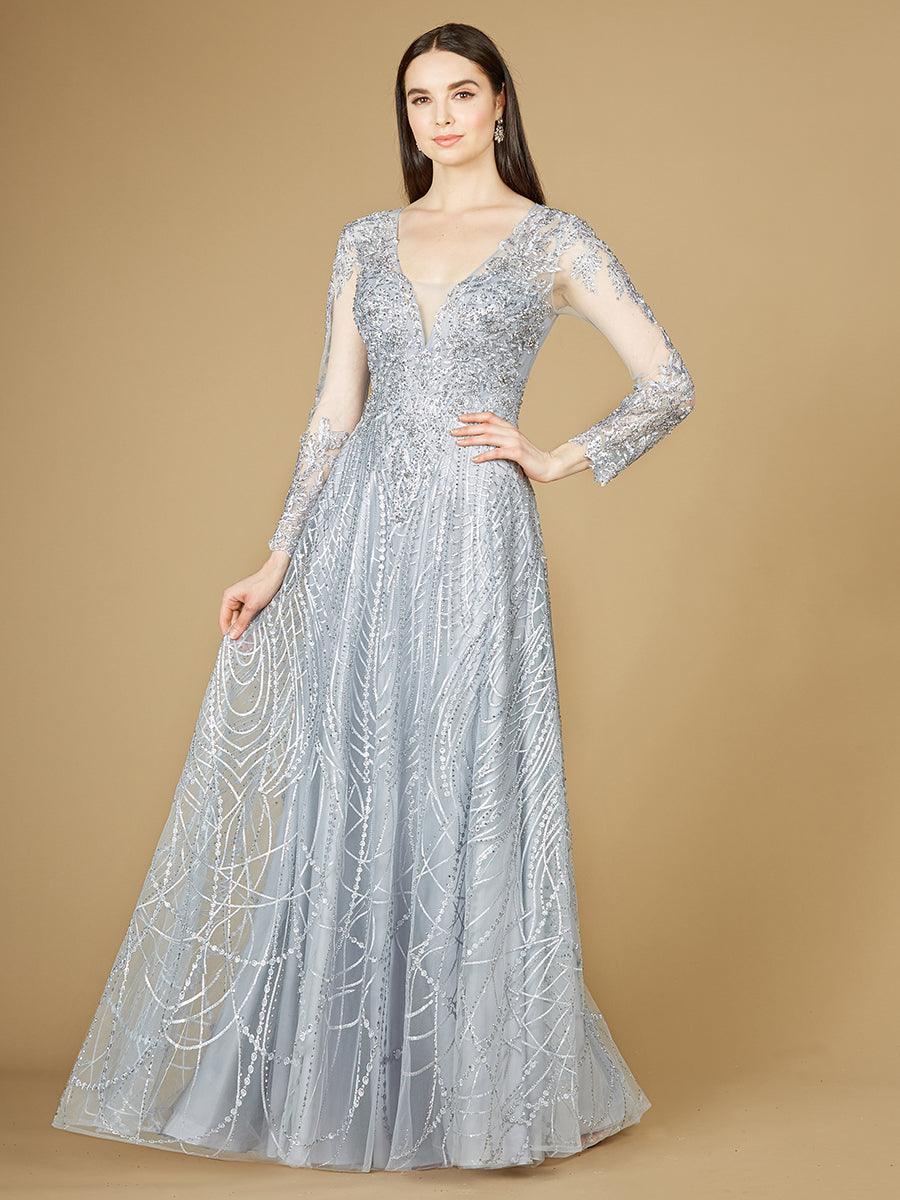 Formal Dresses Long Sheer Sleeve Evening Gown Light Blue