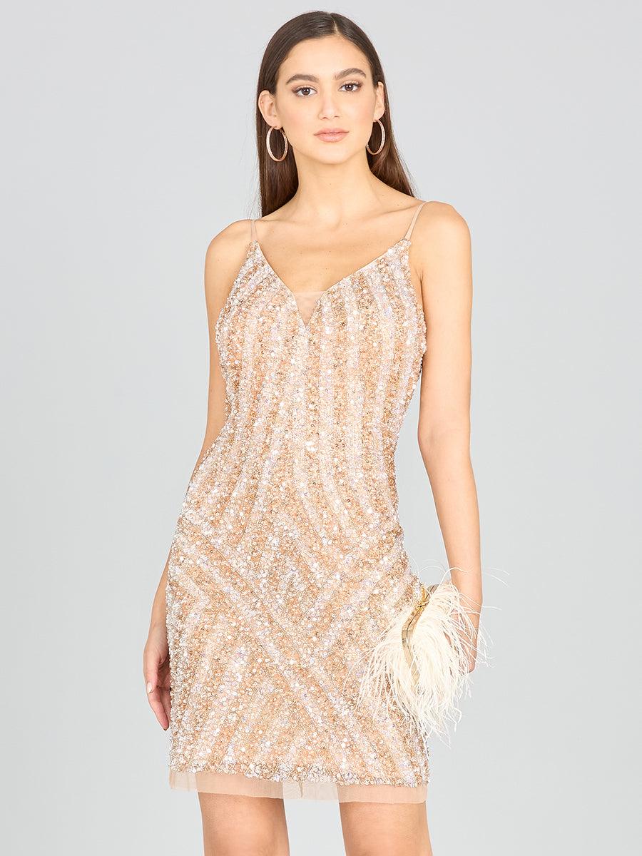 Cocktail Dresses Spaghetti Strap Short Sequin Homecoming Dress Nude Silver