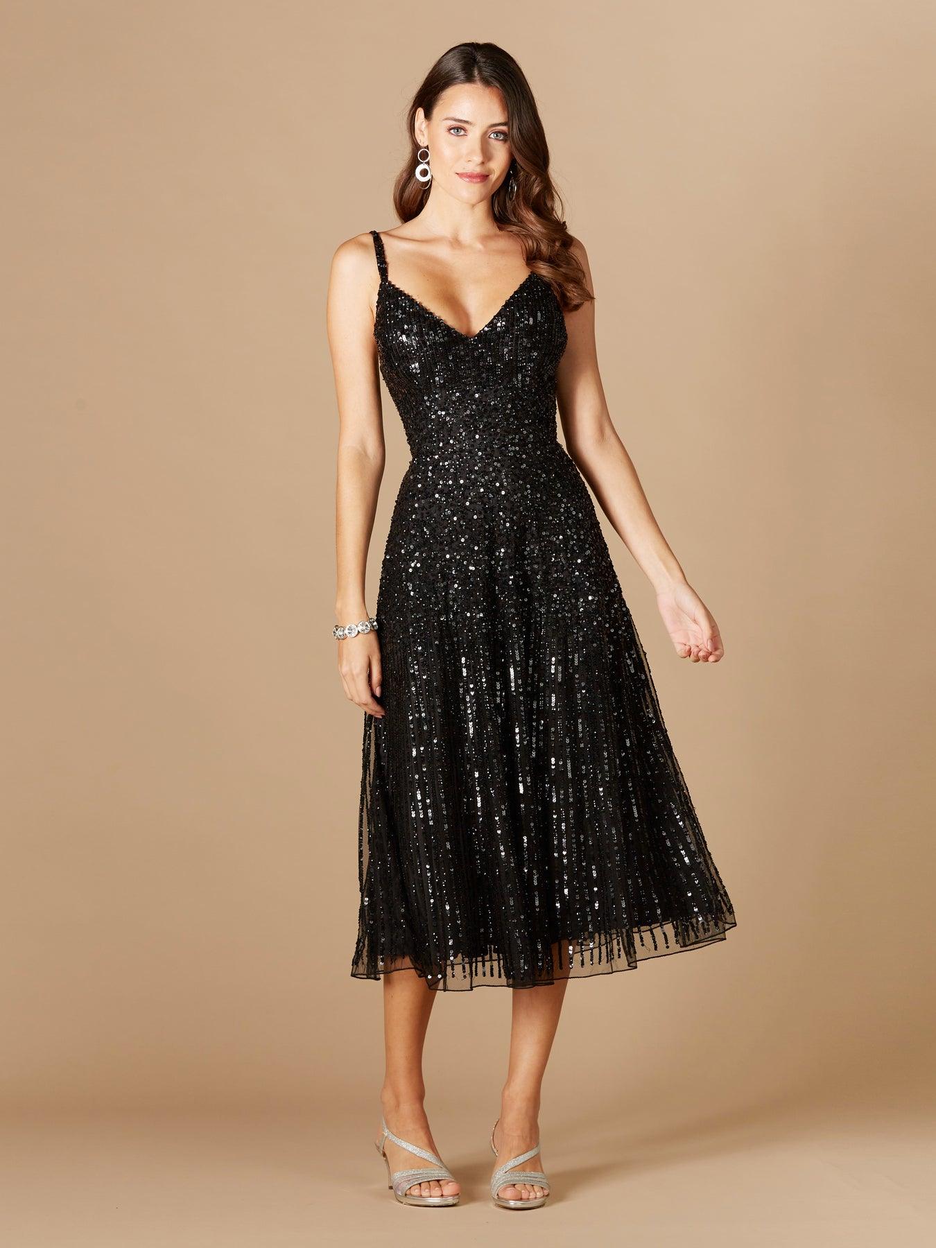 Black Lara Dresses 29347 Sequin Long Midi Dress for $399.99 – The Dress