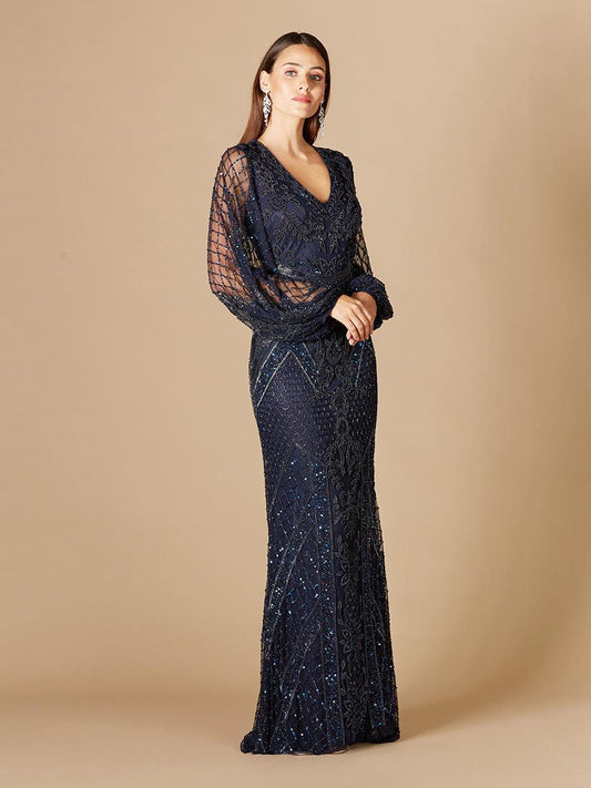 Formal Dresses Long Flutter Sleeves Evening Dress Navy