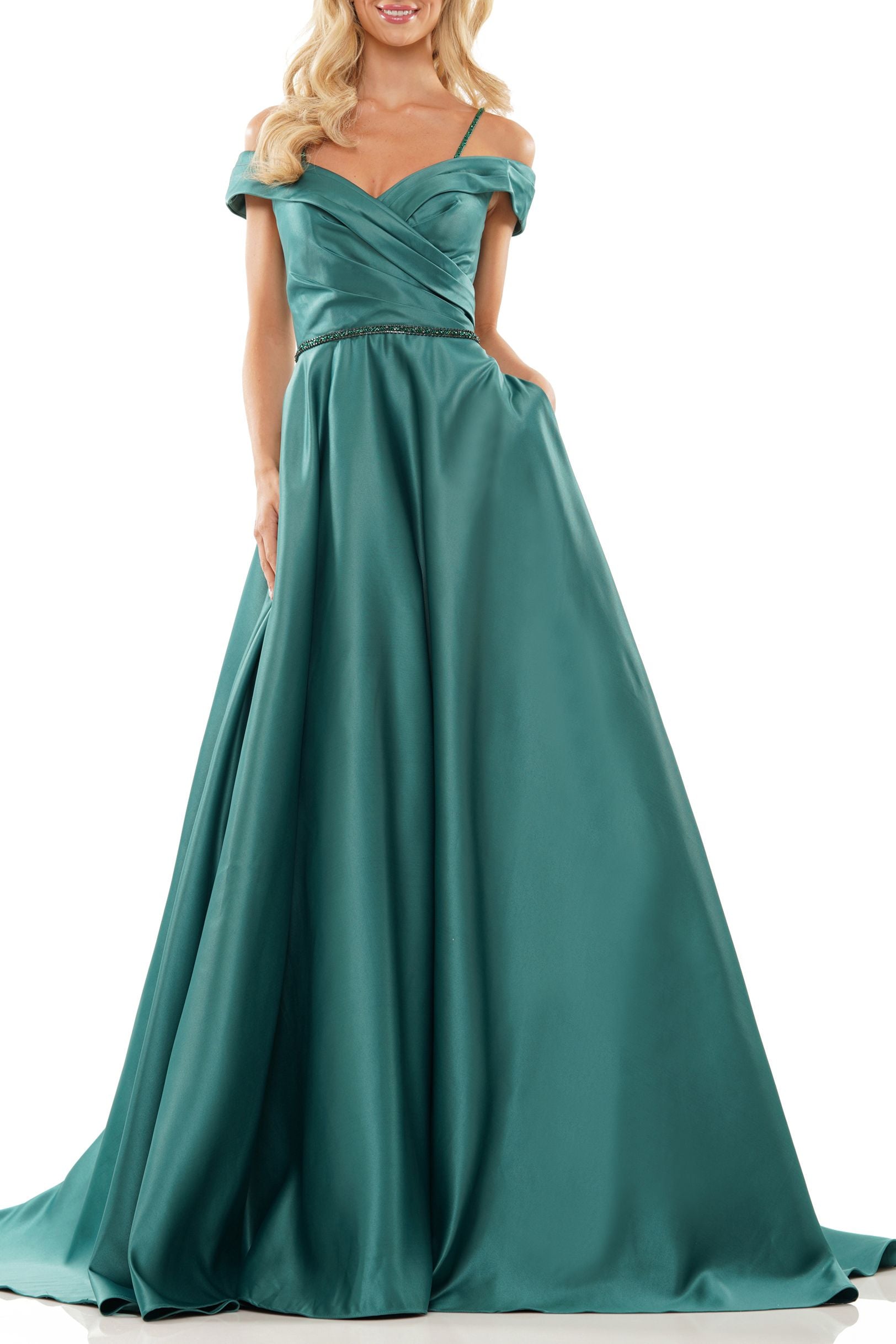 Colors 2938 Long Off Shoulder Pleated Prom Gown