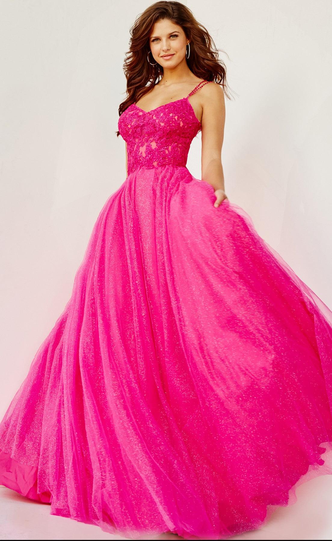 Jovani 67051 Prom Long Spaghetti Strap Metallic Ball Gown
