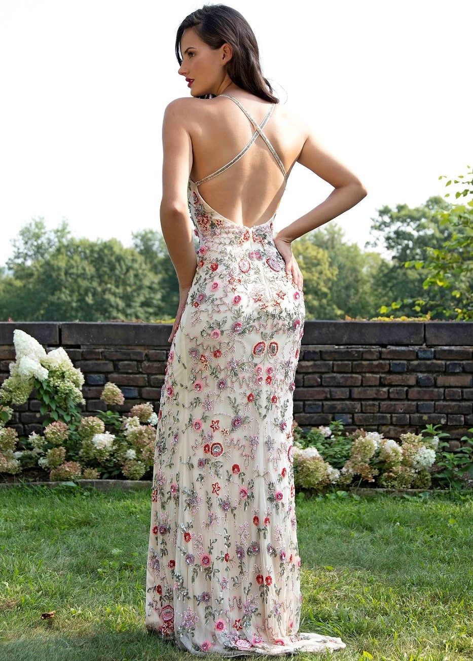 Prom Dresses Long Fitted Formal Floral Beaded Prom Dress Nude Multi