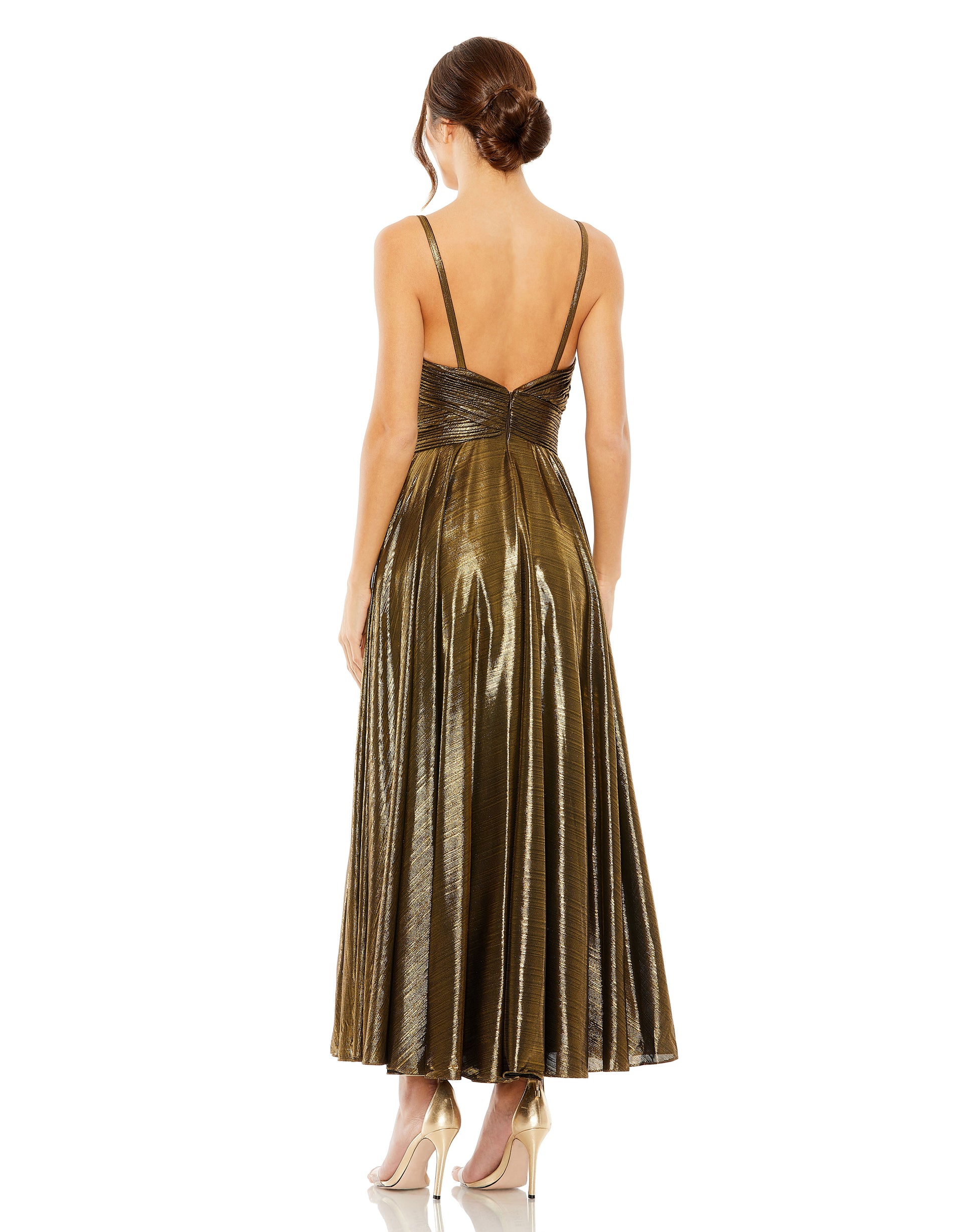 Mac Duggal 30761 Pleated Metallic Formal Tea Length Prom Dress
