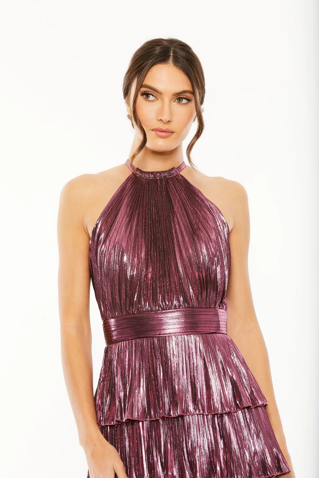 Mac Duggal Halter Neck Sleeveless Pleated Tiered Ruffle Metallic Gown, Womens, 14, Rose