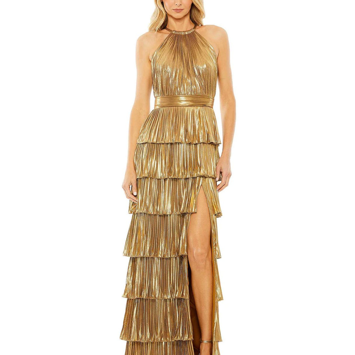 mac duggal ruffle tiered metallic ruched shoulder dress MAC DUGGAL One Shoulder Layered Metallic Ruffle Tiered Maxi Dress Size 6