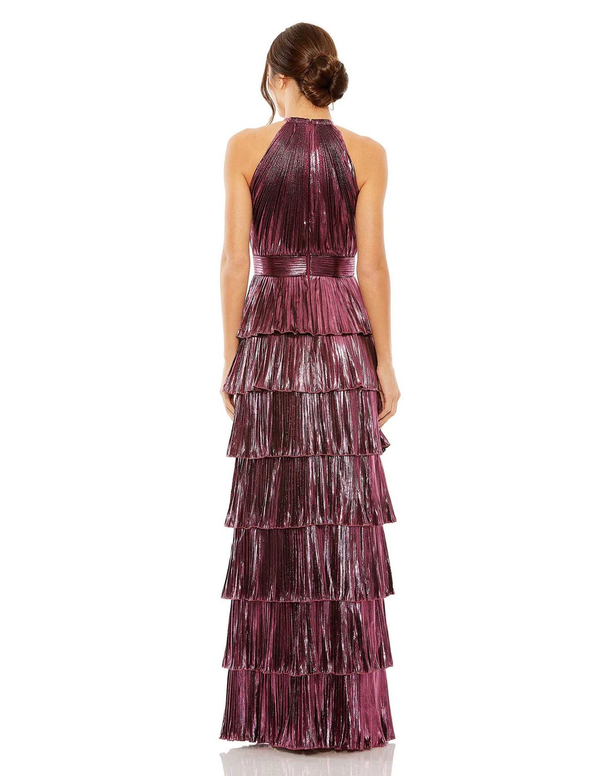Mac Duggal Halter Neck Sleeveless Pleated Tiered Ruffle Metallic Gown, Womens, 14, Rose
