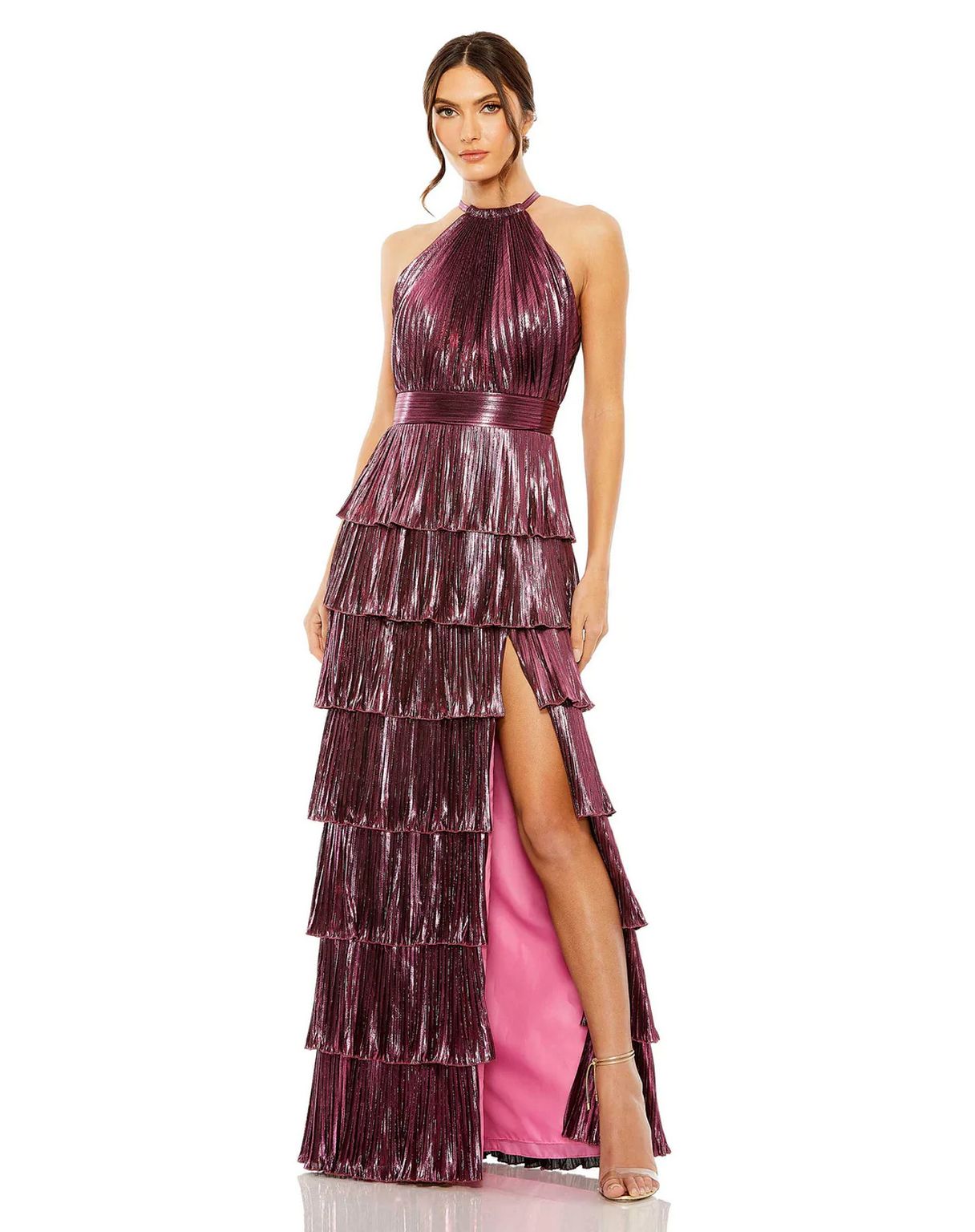 Mac Duggal Halter Neck Sleeveless Pleated Tiered Ruffle Metallic Gown, Womens, 2, Rose Mac Duggal Halter Neck Sleeveless Pleated Tiered Ruffle Metallic Gown, Womens, 2, Rose
