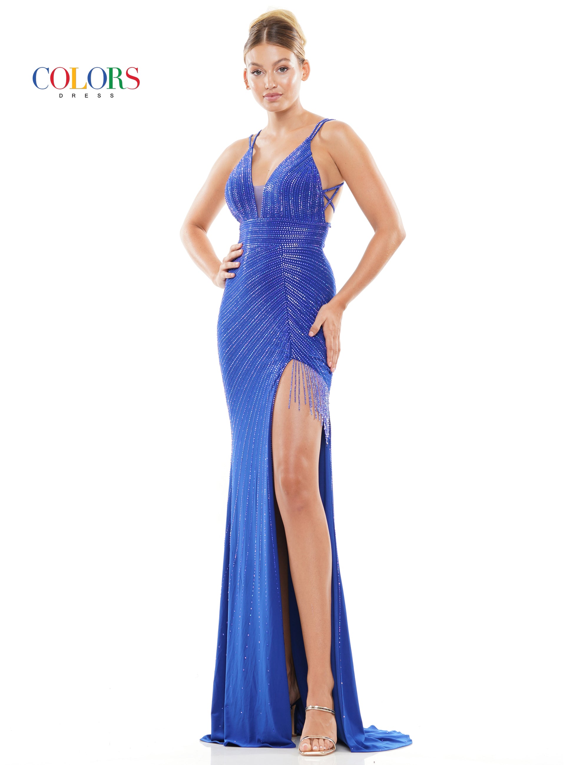 Colors 3092 Long Spaghetti Strap  Formal Beaded Prom Dress