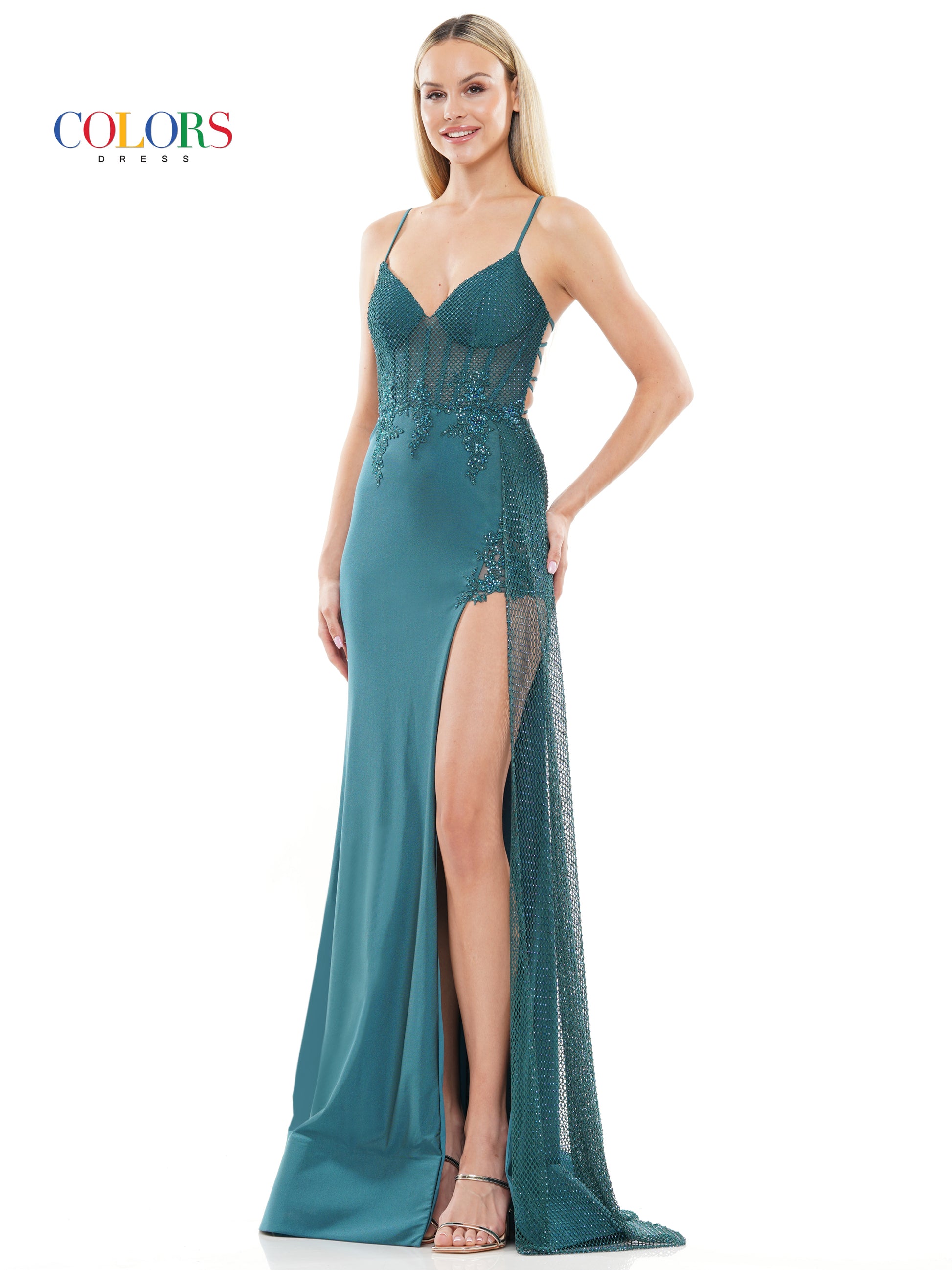 Colors 3093 Long Spaghetti Strap Fitted Prom Dress