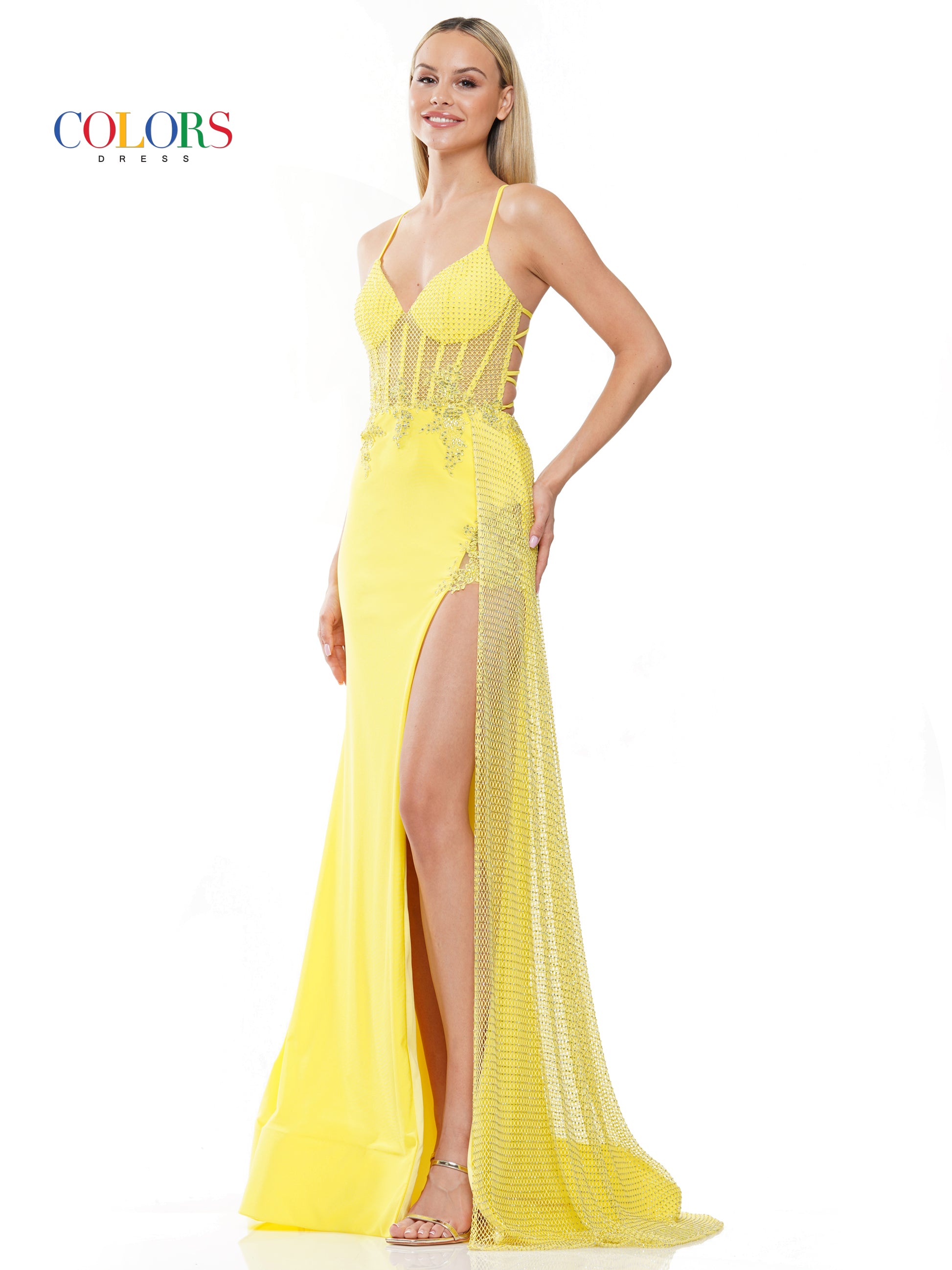 Colors 3093 Long Spaghetti Strap Fitted Prom Dress