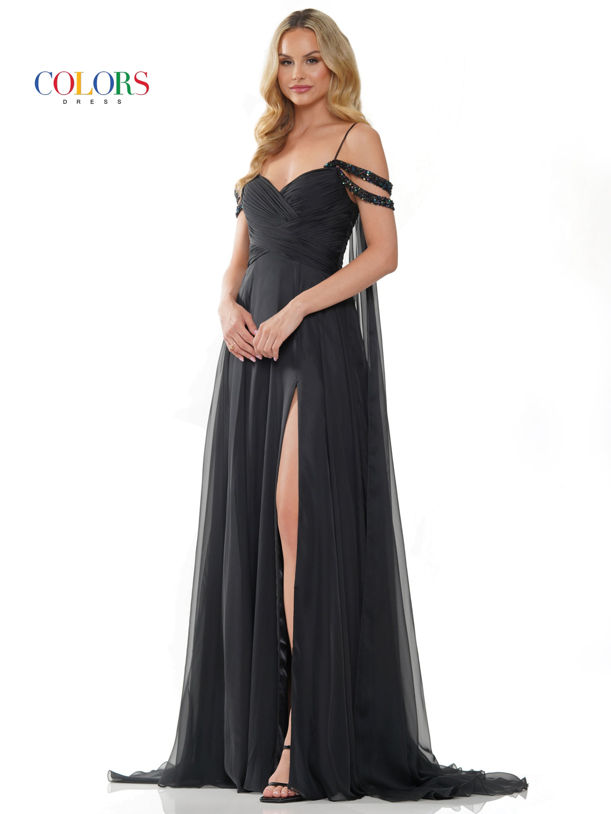 Colors 3101 Long Off Shoulder A Line Chiffon Prom Dress