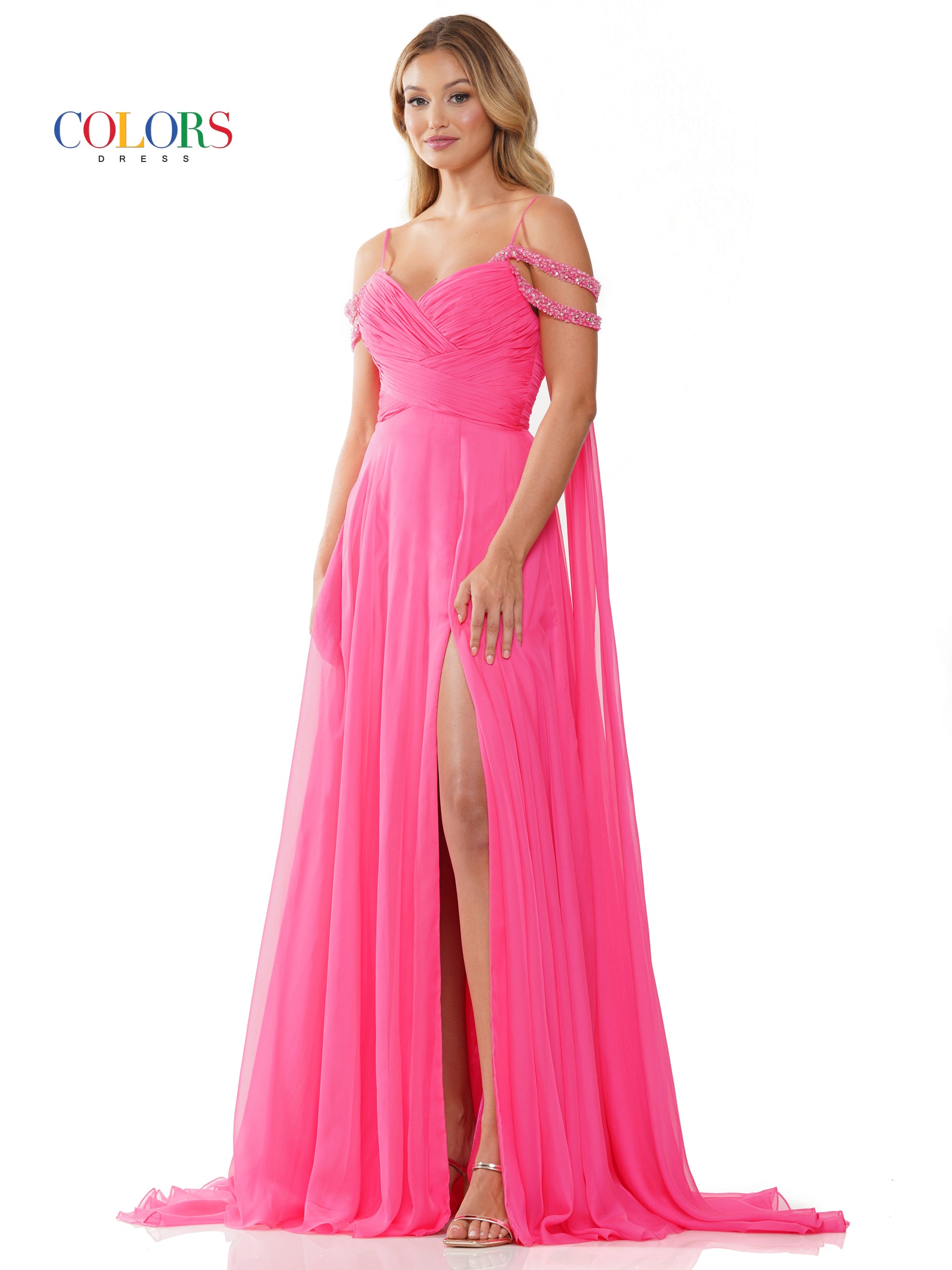 Colors 3101 Long Off Shoulder A Line Chiffon Prom Dress