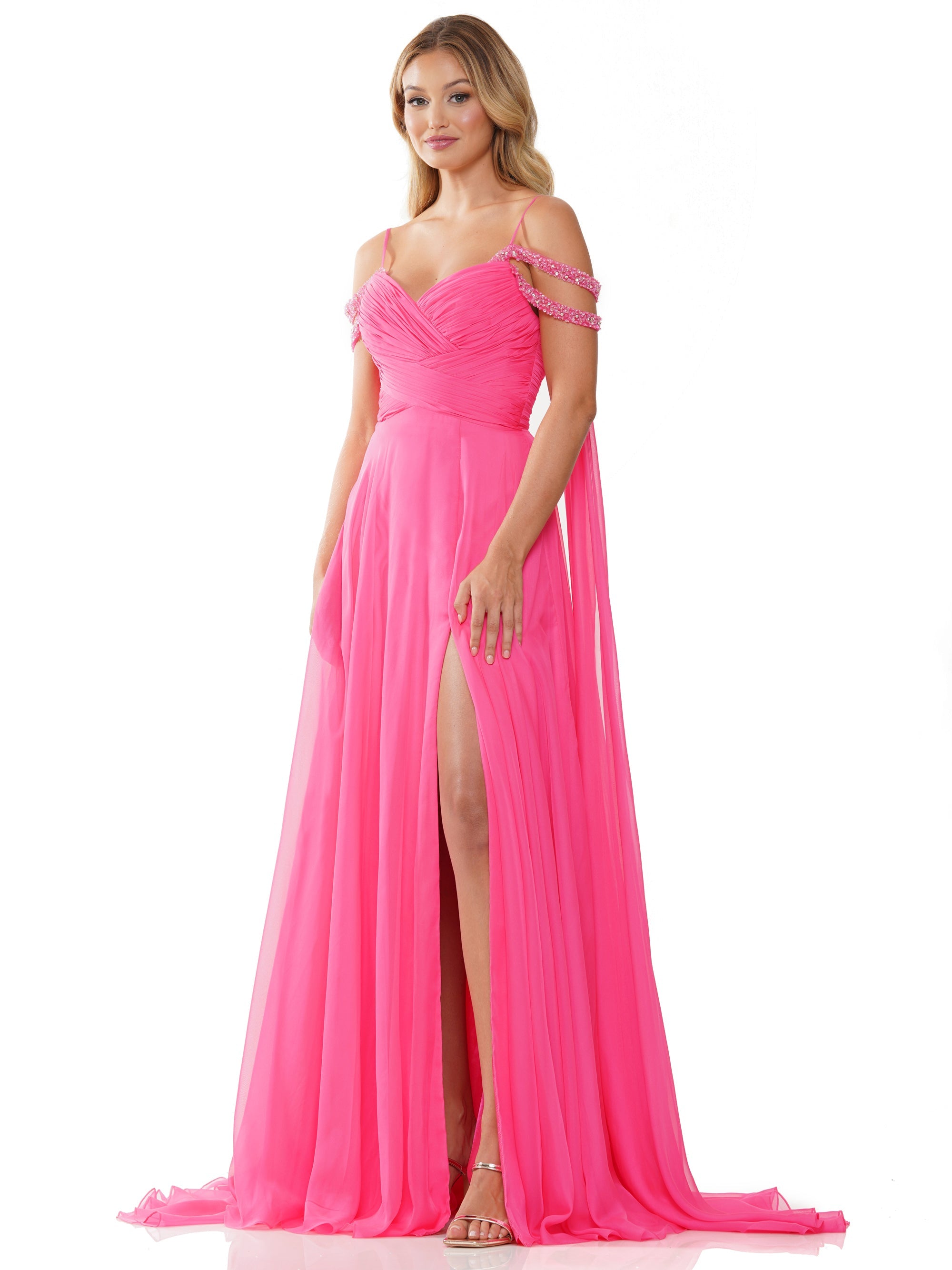 Prom Dresses Long Off Shoulder A Line Chiffon Prom Dress Hot Pink