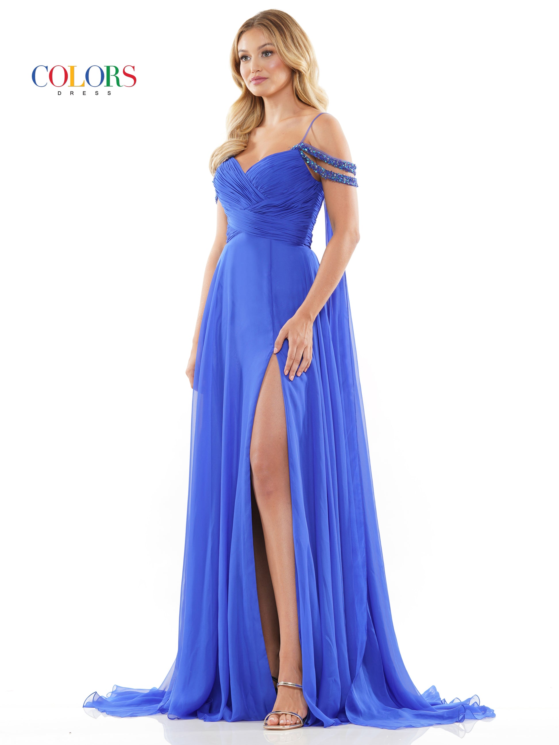 Colors 3101 Long Off Shoulder A Line Chiffon Prom Dress