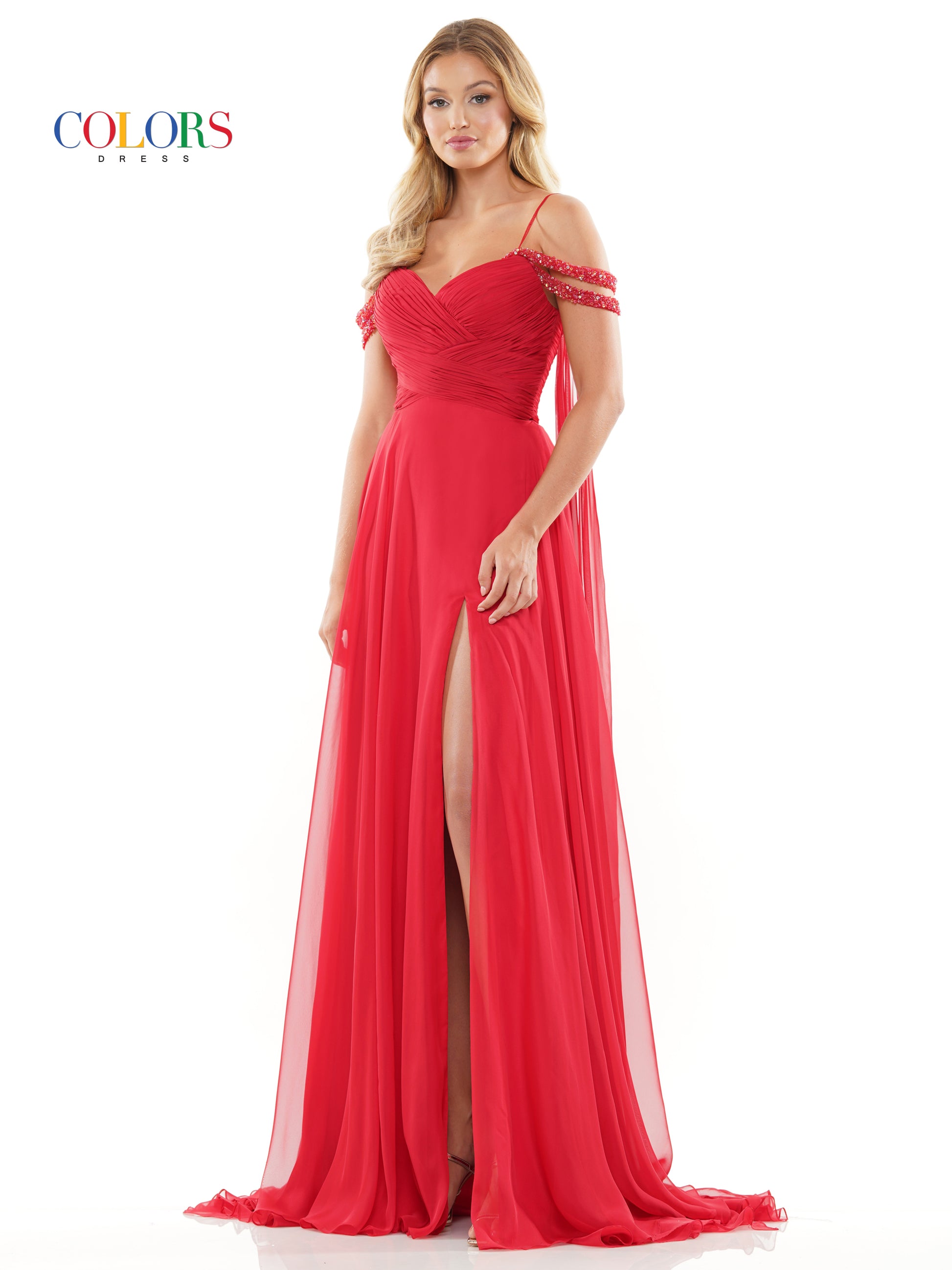 Colors 3101 Long Off Shoulder A Line Chiffon Prom Dress