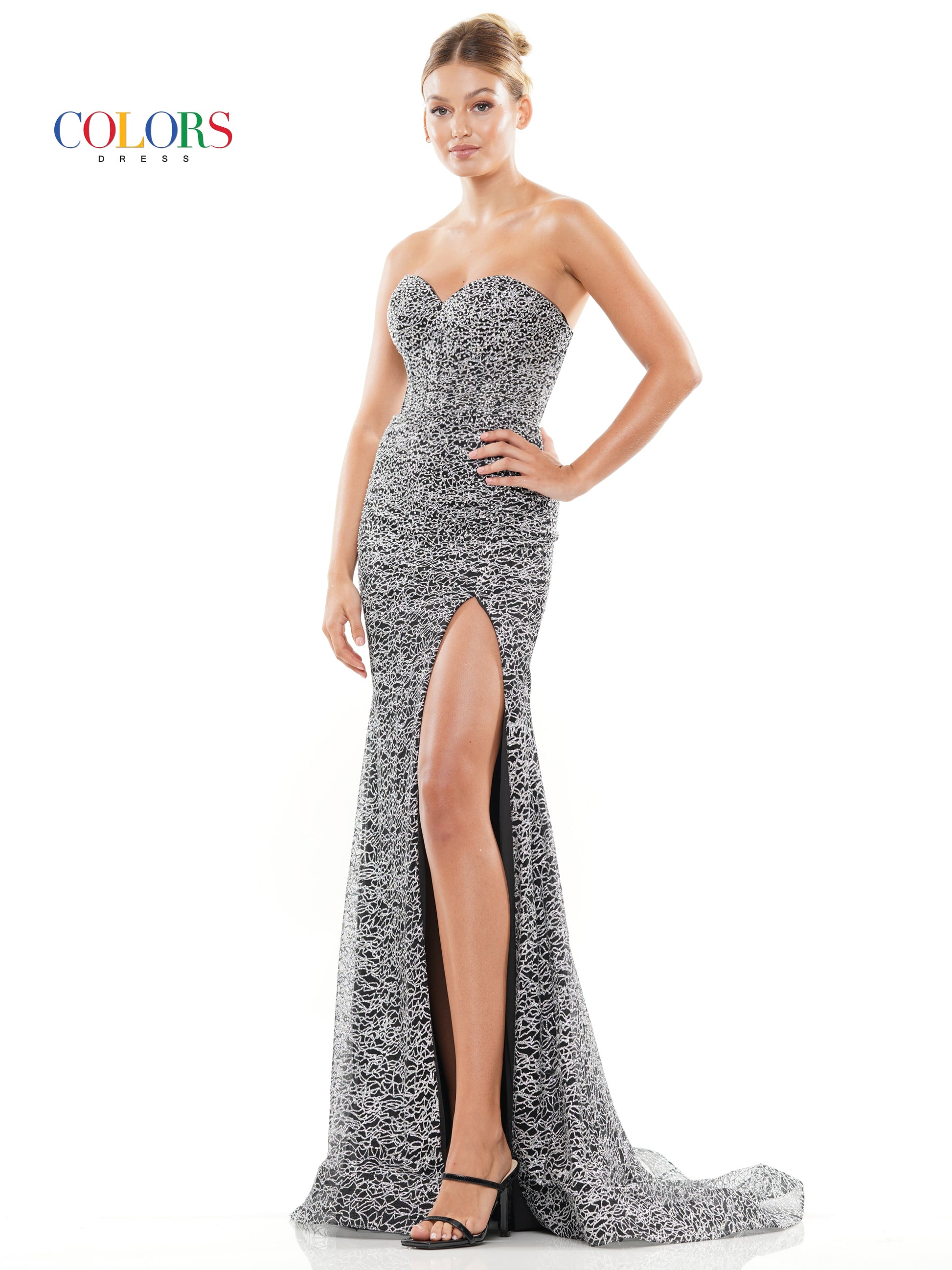 Colors 3103 Long Strapless Glitter Prom Dress