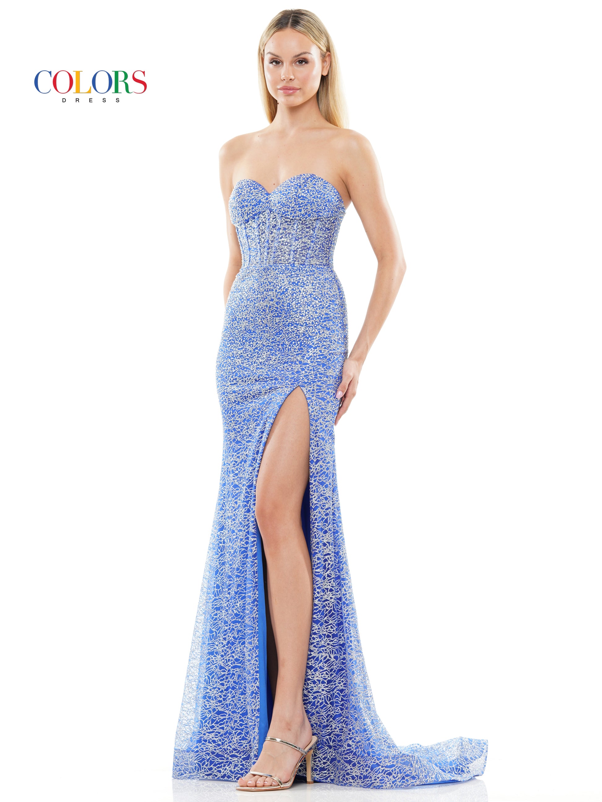 Colors 3103 Long Strapless Glitter Prom Dress