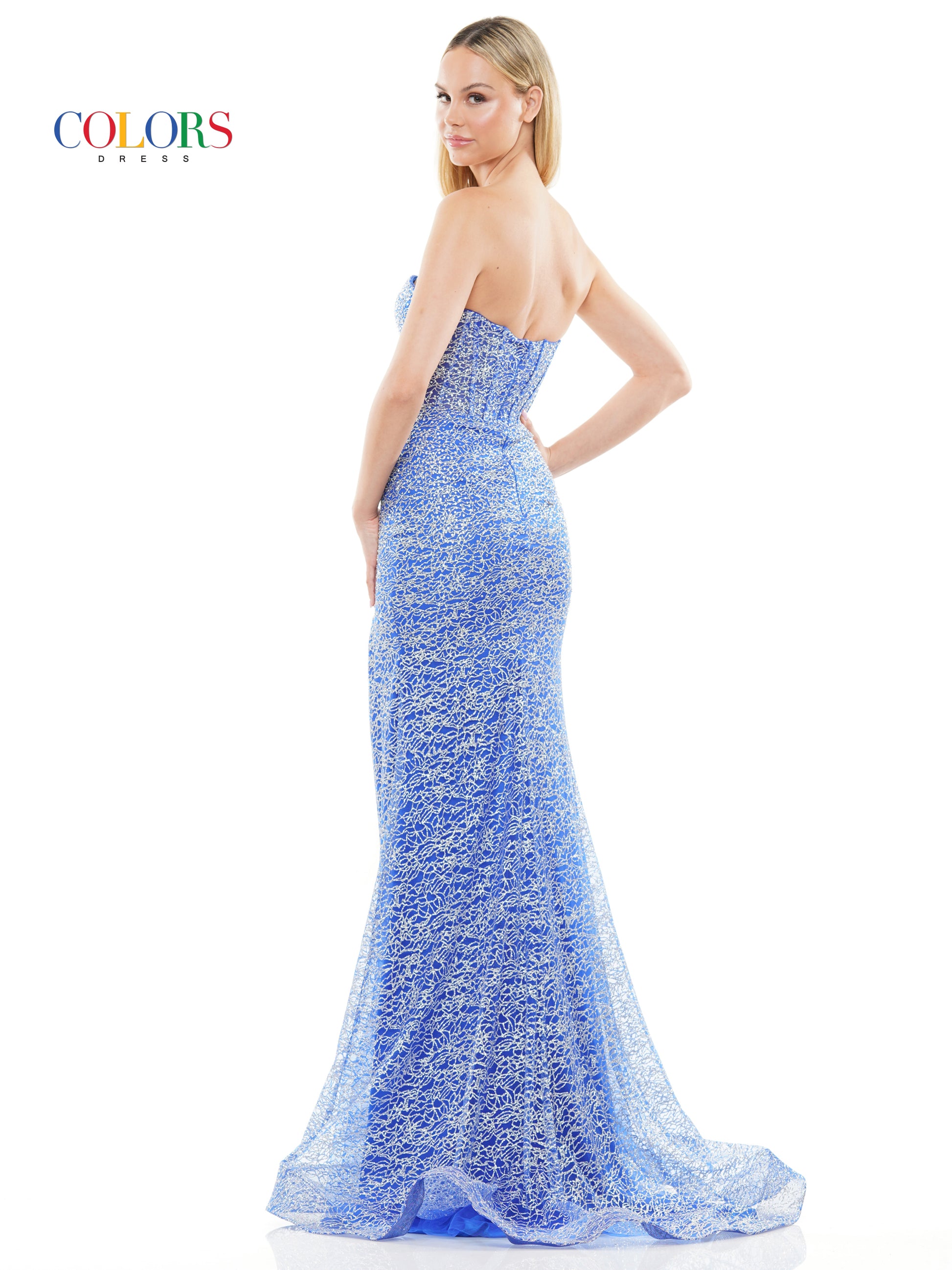 Colors 3103 Long Strapless Glitter Prom Dress