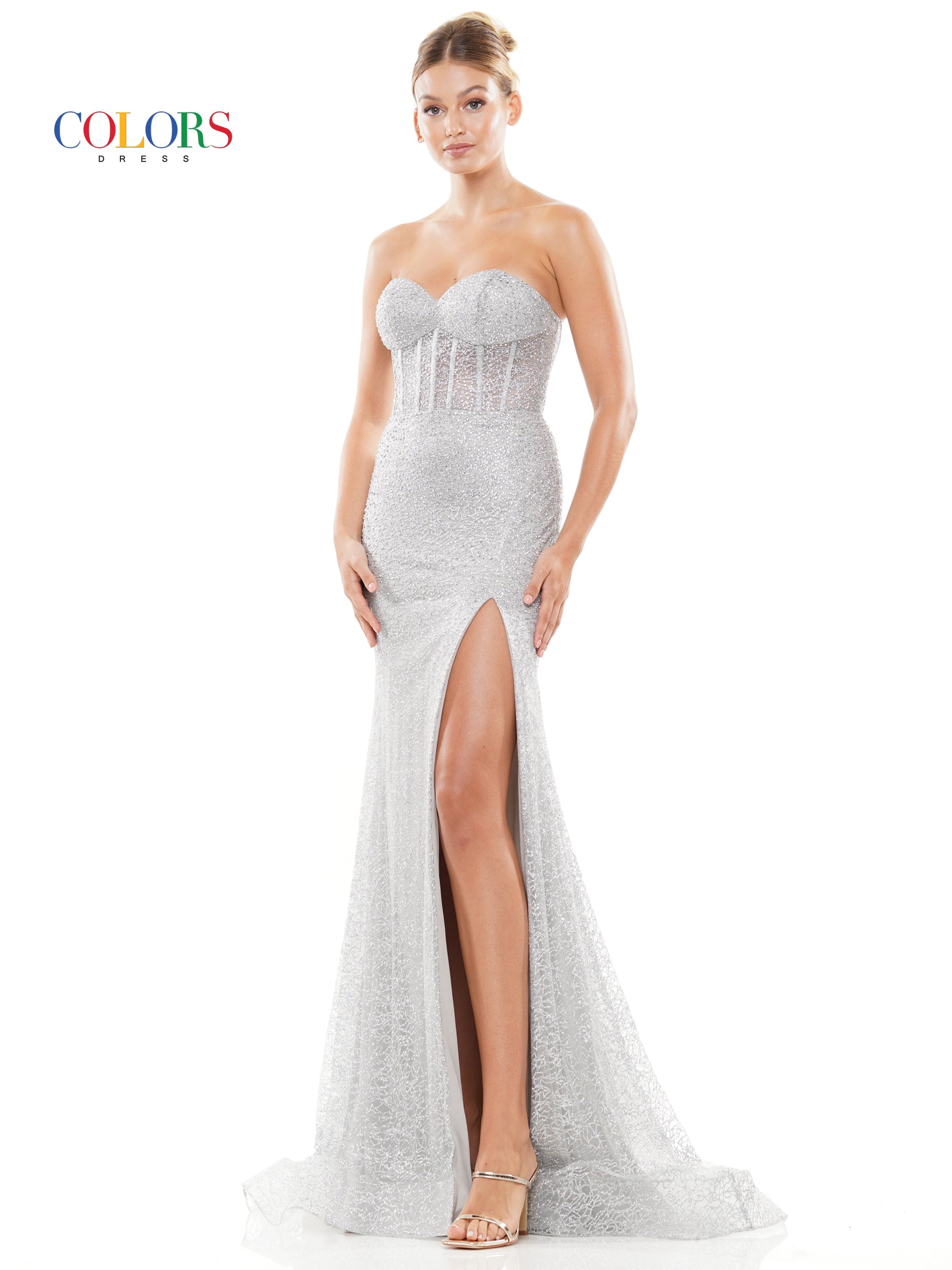 Colors 3103 Long Strapless Glitter Prom Dress