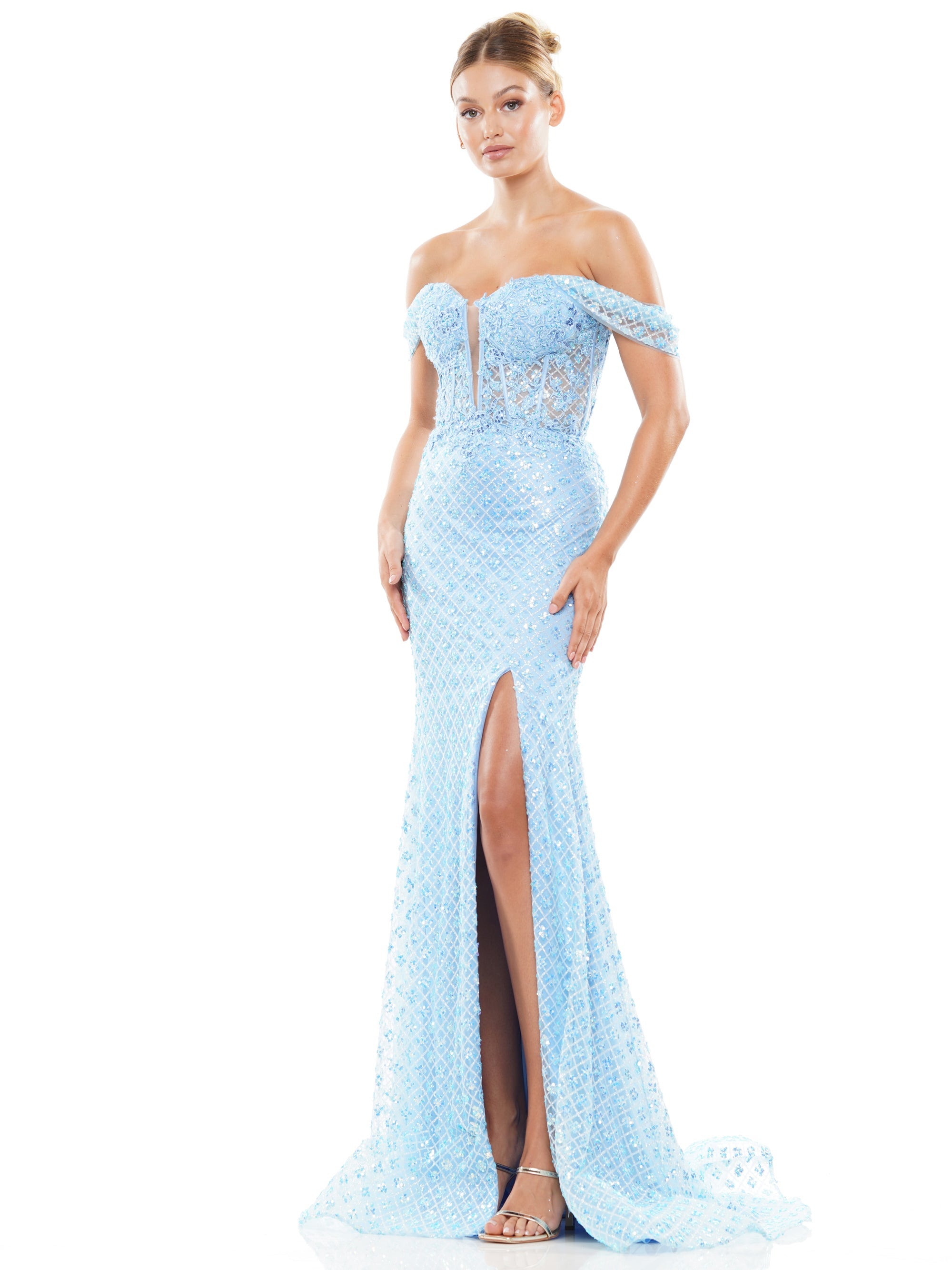 Prom Dresses Long Off Shoulder Glitter Mesh Prom Dress Light Blue