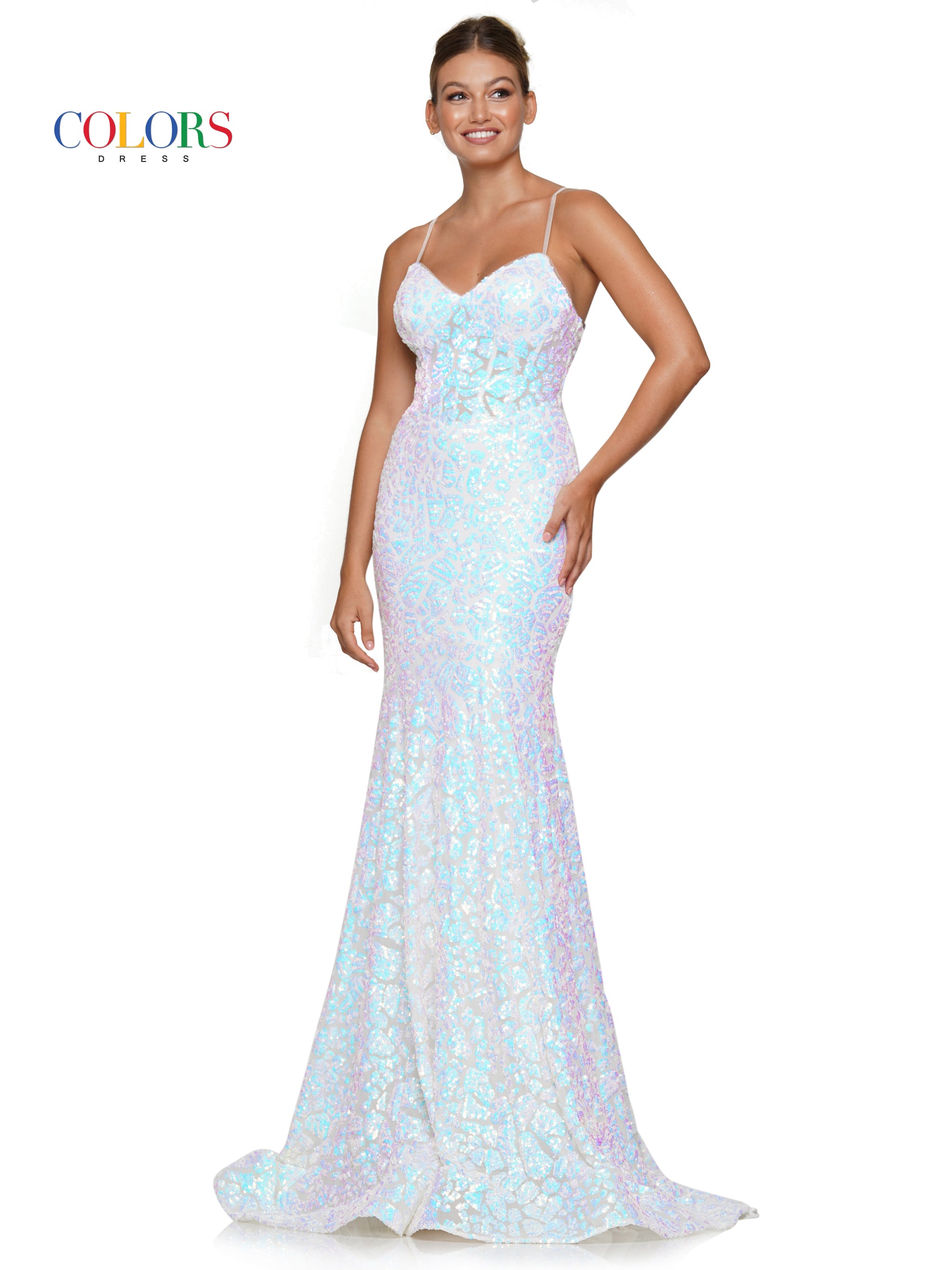 Colors 3113 Long Fitted Spaghetti Strap Sequin Prom Dress