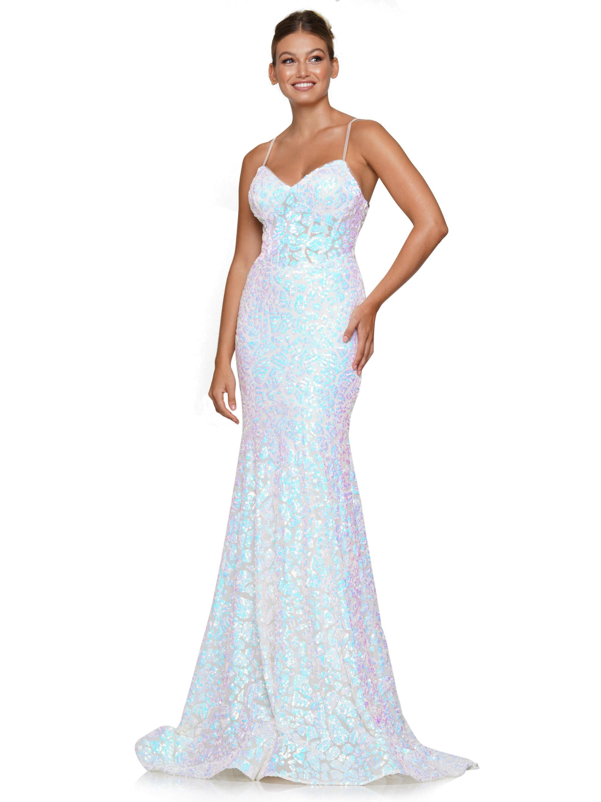 Prom Dresses Long Fitted Spaghetti Strap Sequin Prom Dress Off White