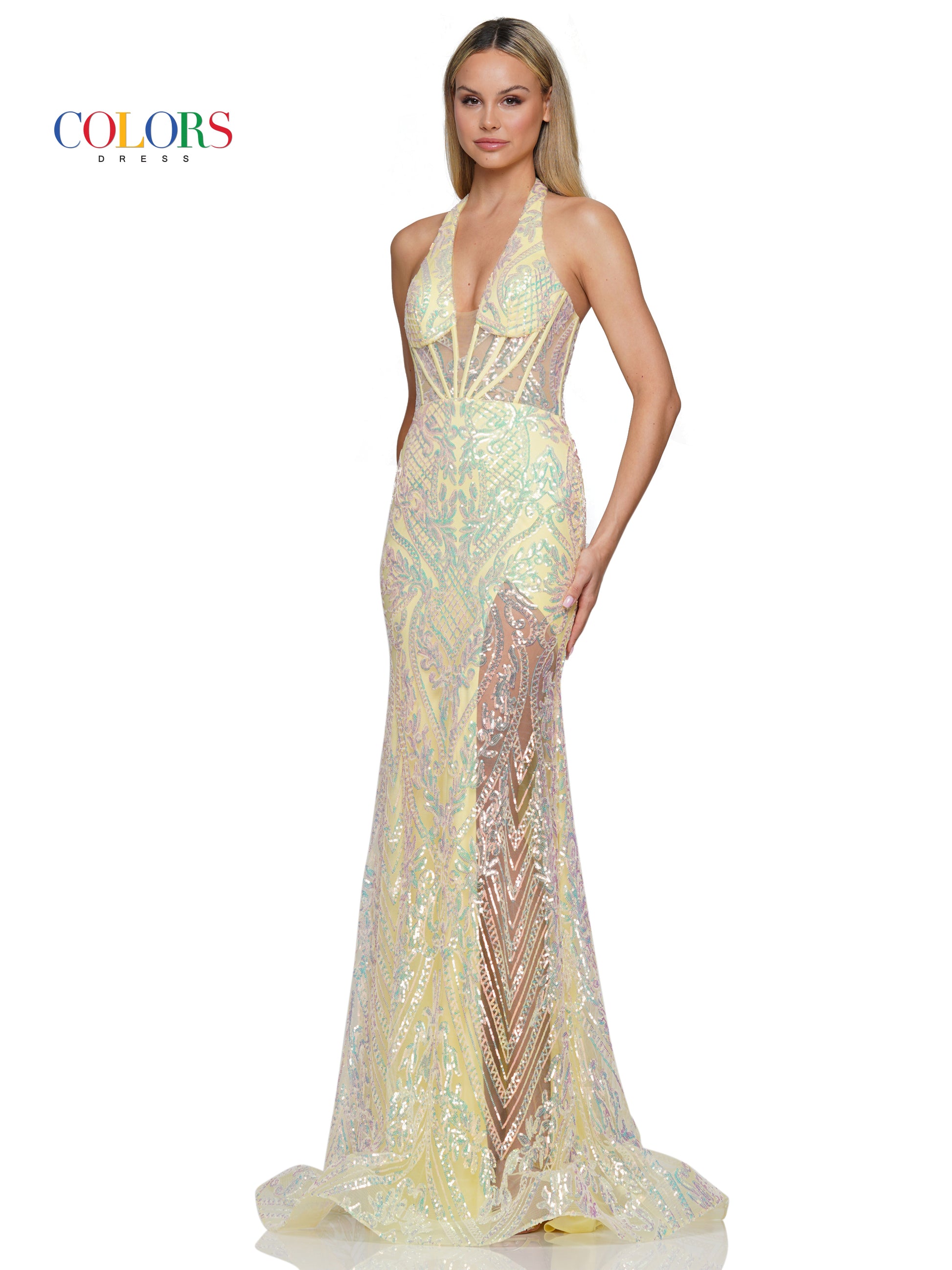 Colors 3114 Long Formal Halter Fitted Prom Dress