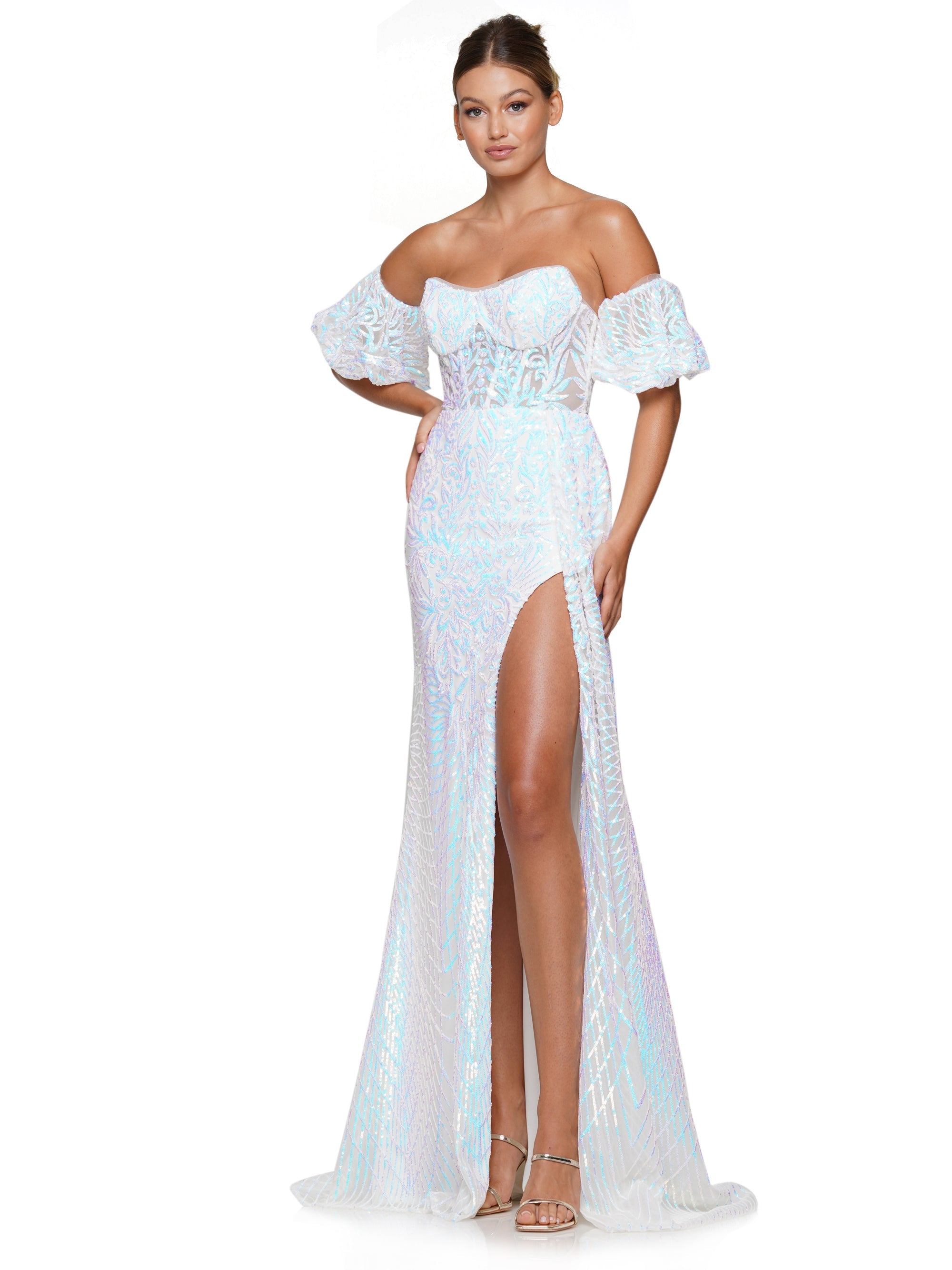 Prom Dresses Long Off Shoulder Formal Sequin Prom Dress Off White