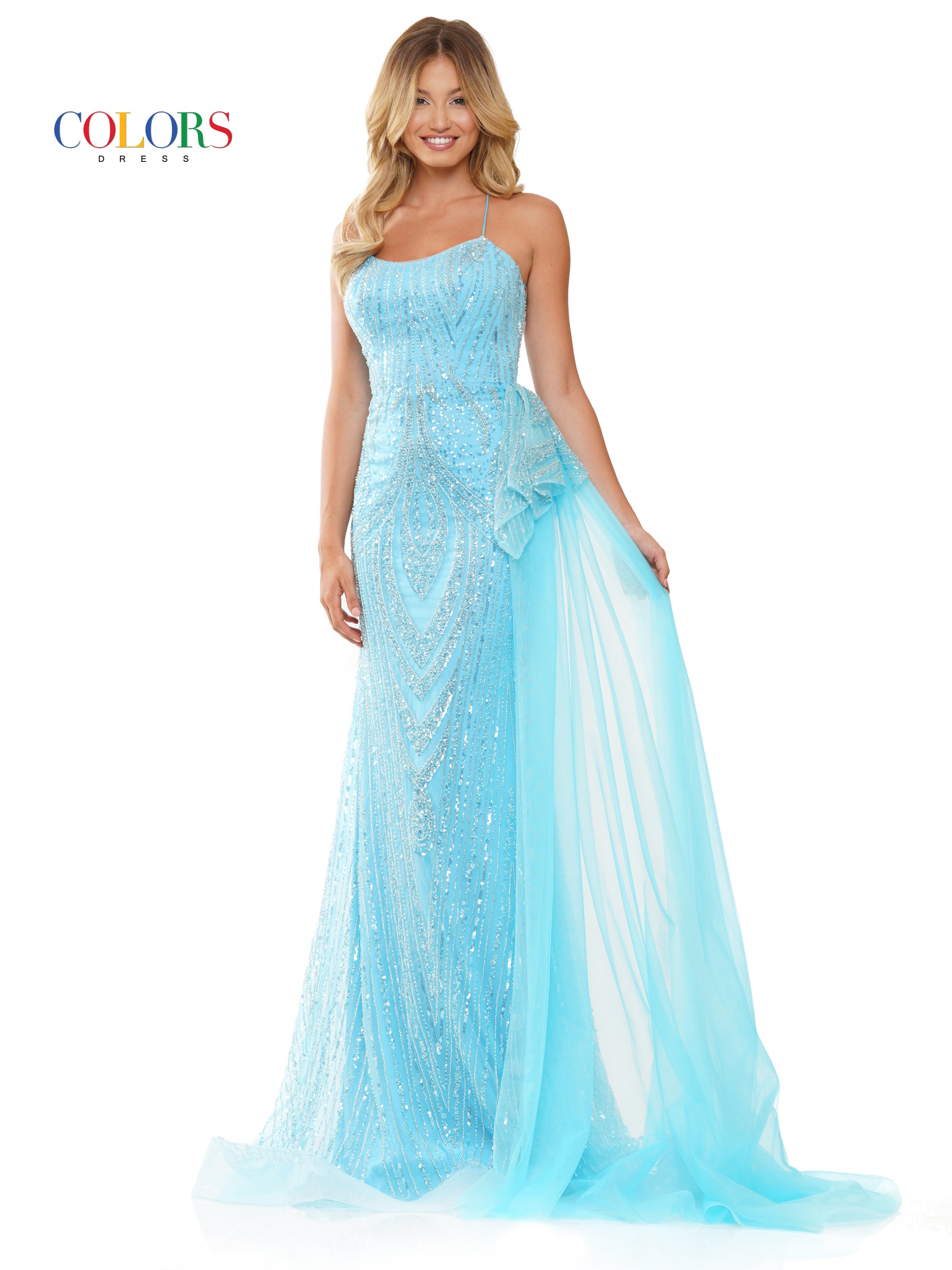 Prom Dresses Long Formal Fitted Beaded Mesh Prom Dress Blue