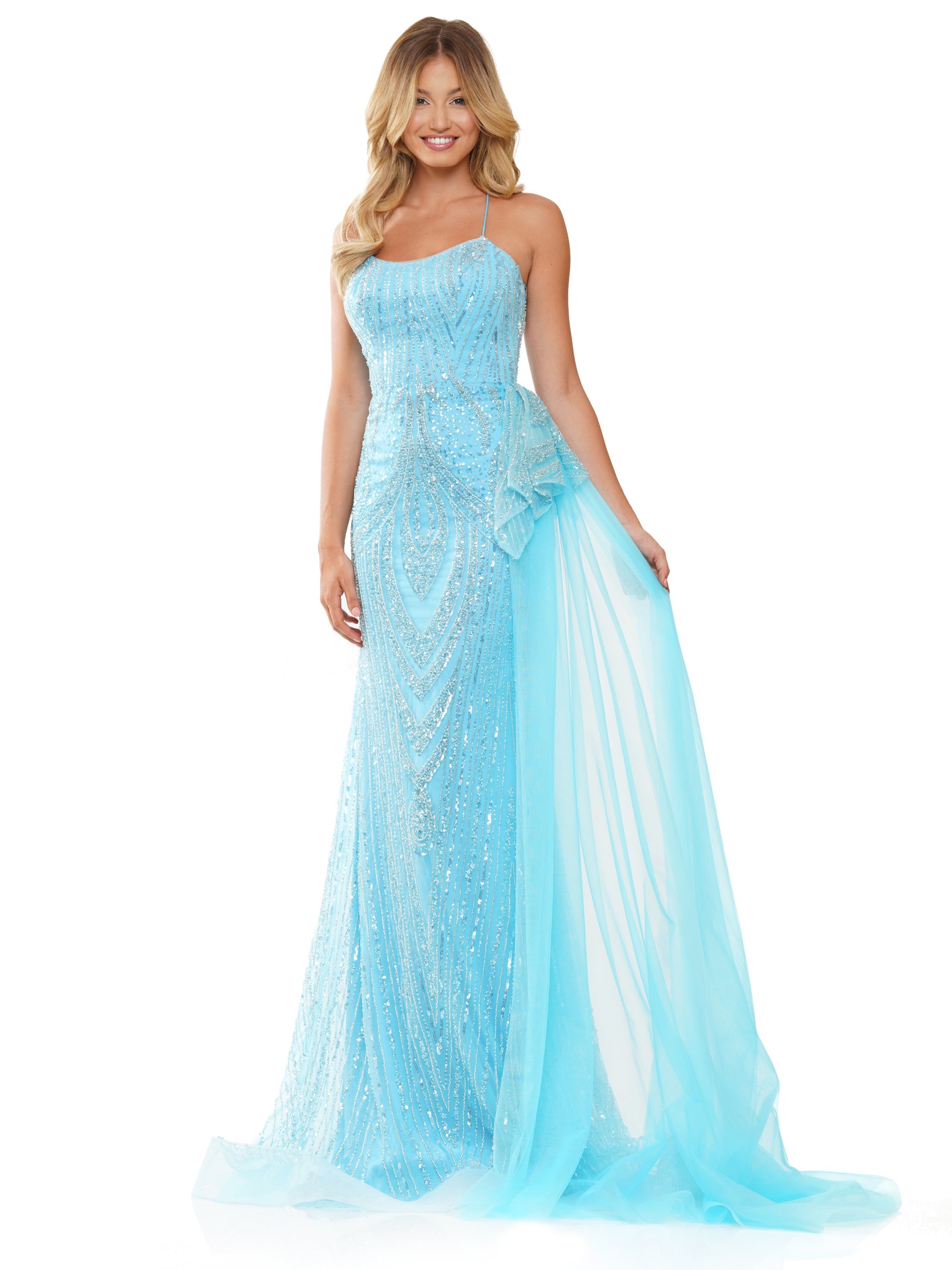 Prom Dresses Long Formal Fitted Beaded Mesh Prom Dress Blue