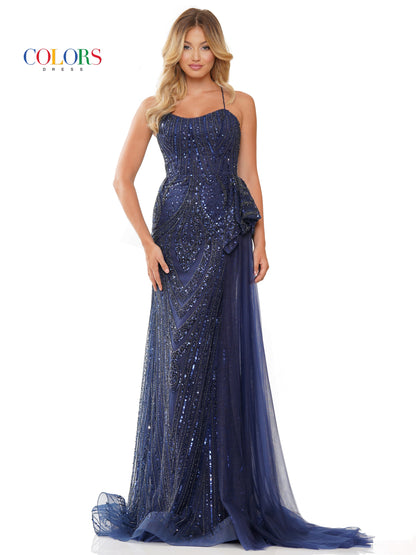 Prom Dresses Long Formal Fitted Beaded Mesh Prom Dress Navy