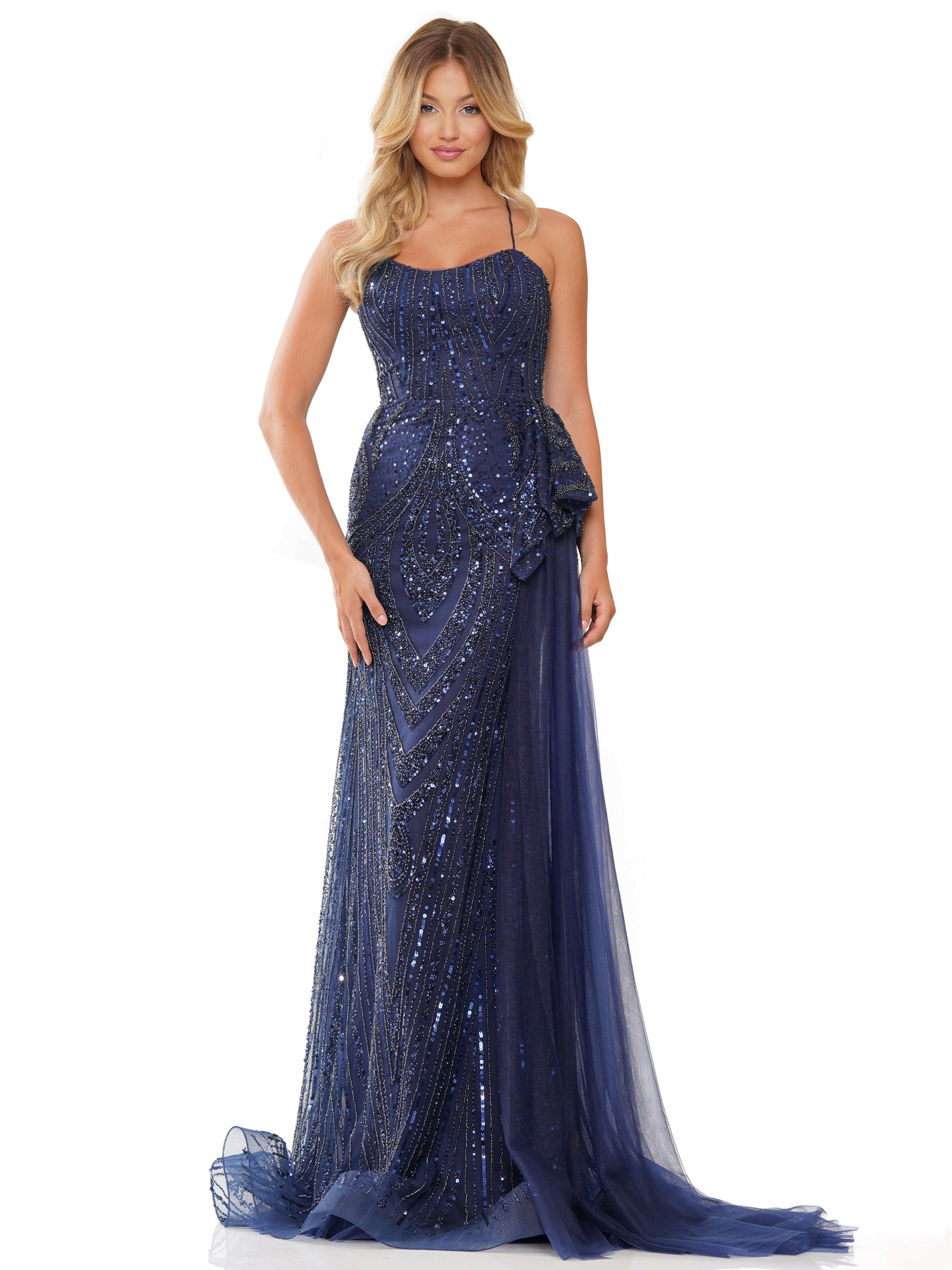 Prom Dresses Long Formal Fitted Beaded Mesh Prom Dress Navy