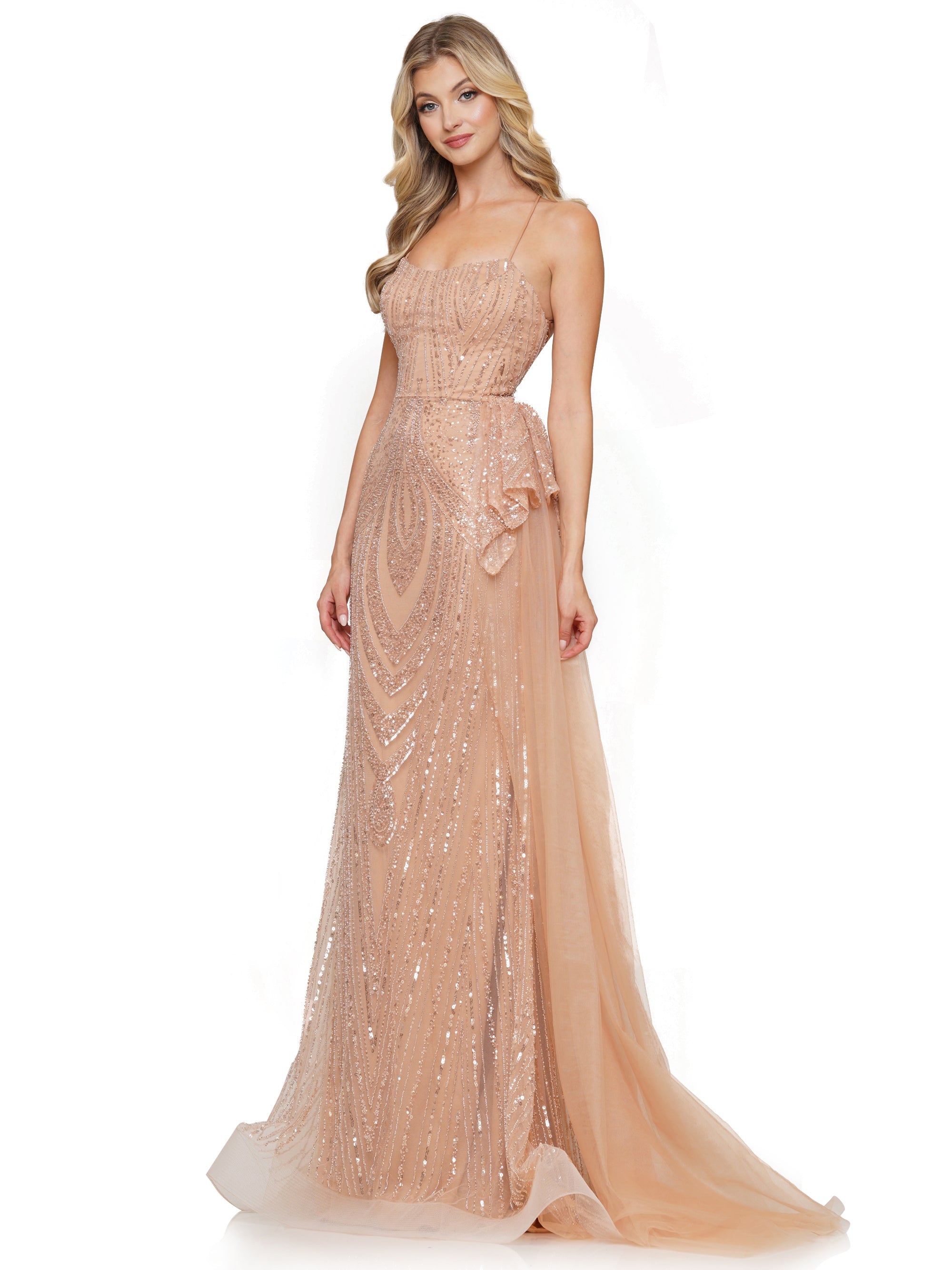 Prom Dresses Long Formal Fitted Beaded Mesh Prom Dress Nude