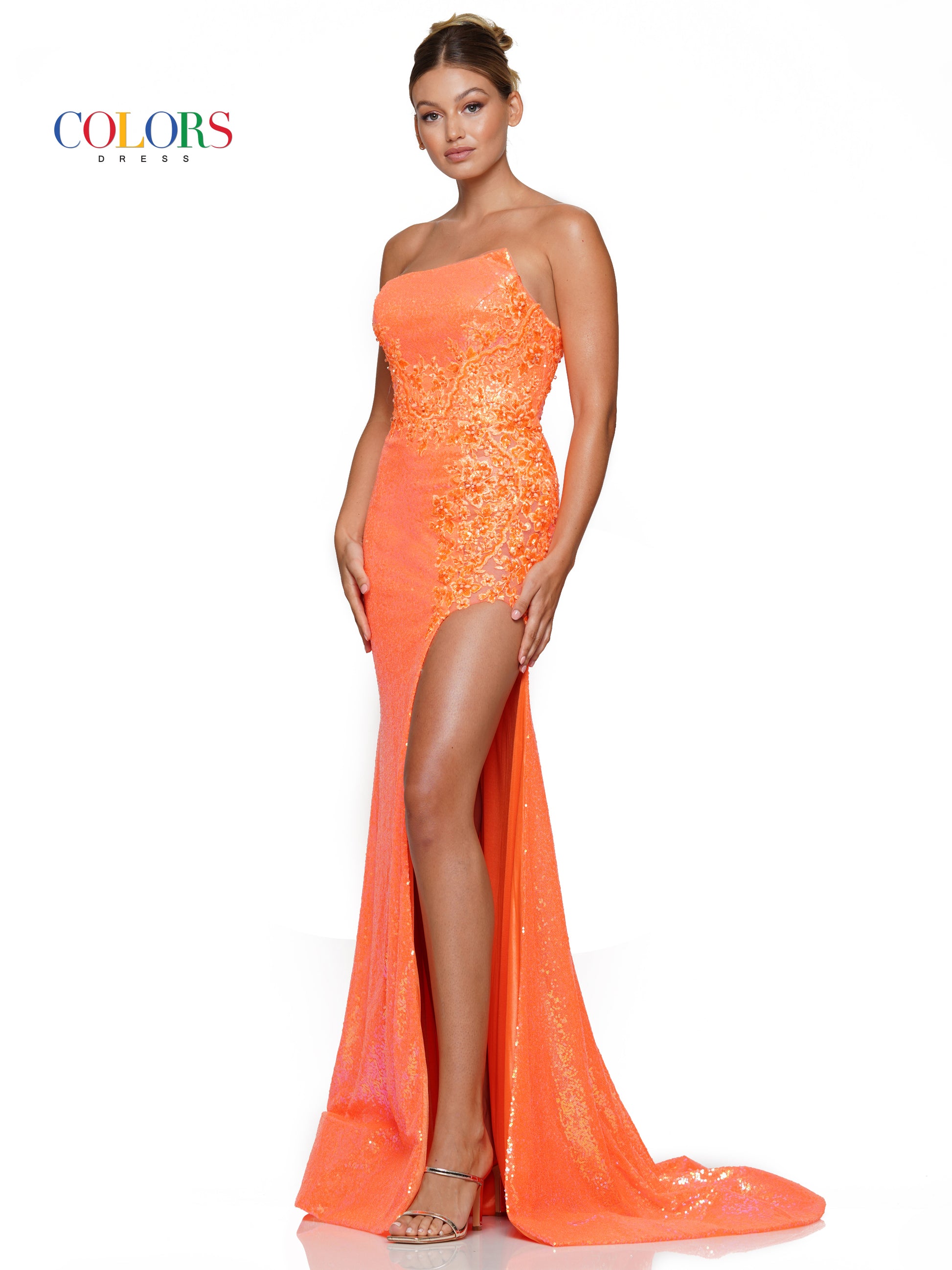 Colors 3129 Long Strapless Fitted Sequin Prom Dress