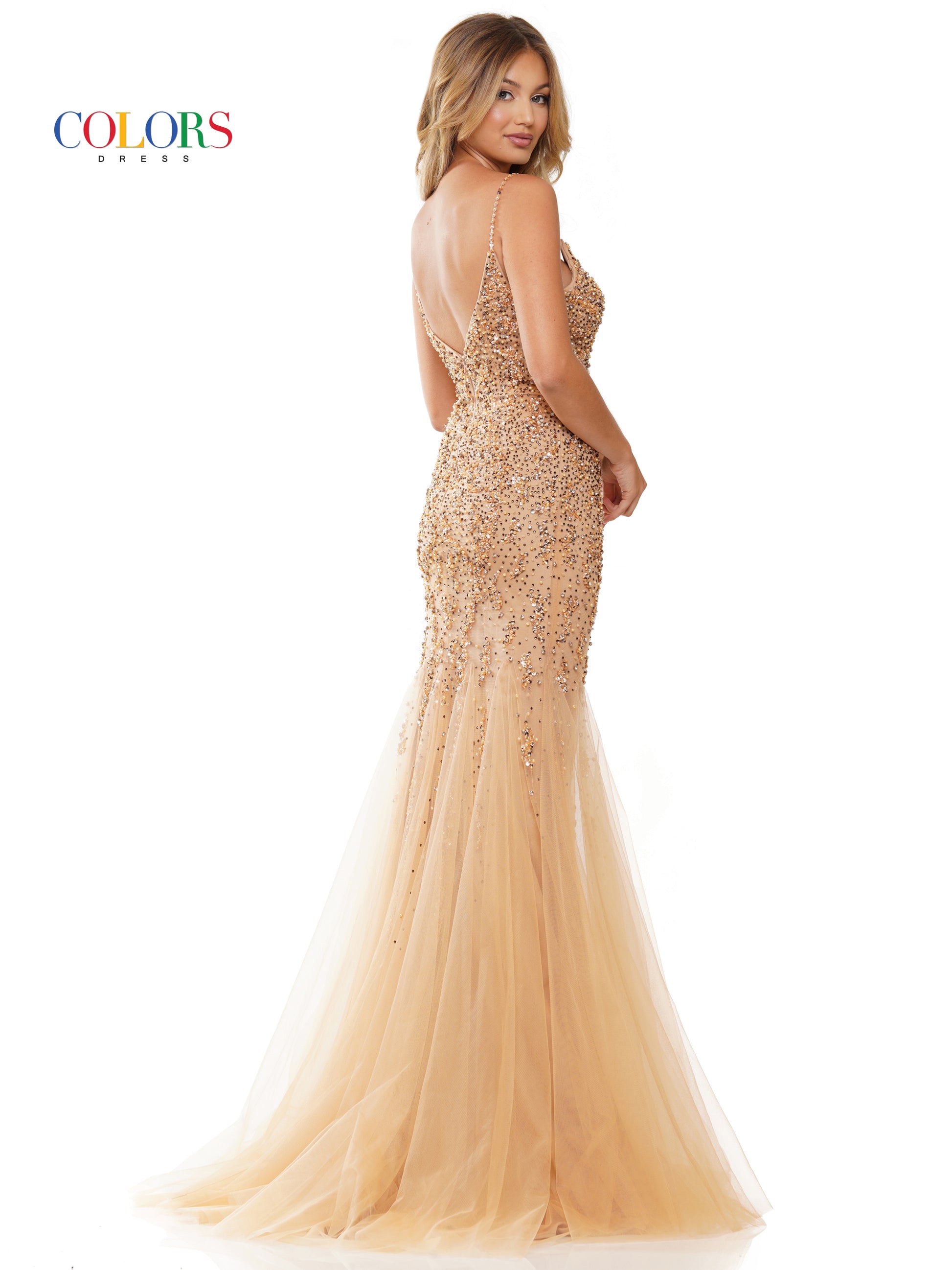 Colors 3135 Long Fitted Spaghetti Strap Prom Dress