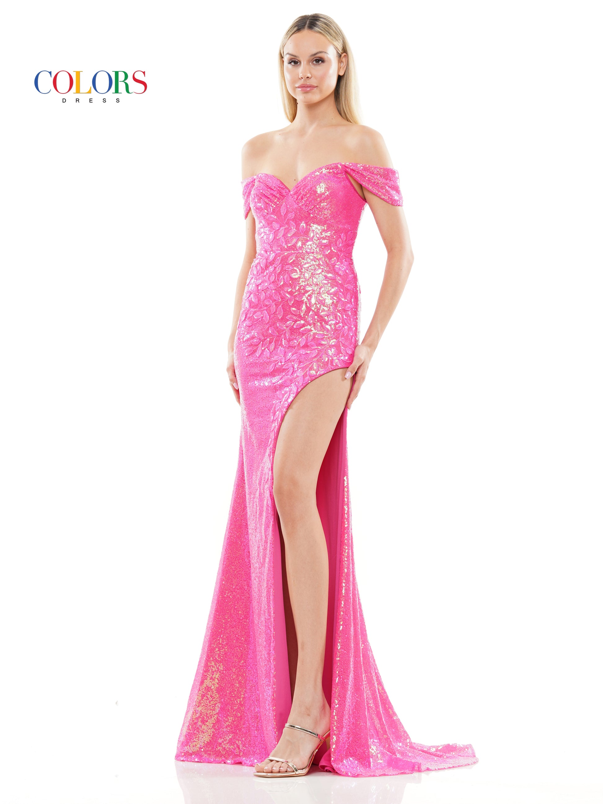 Colors 3144 Long Off Shoulder Sequin Fitted Prom Dress