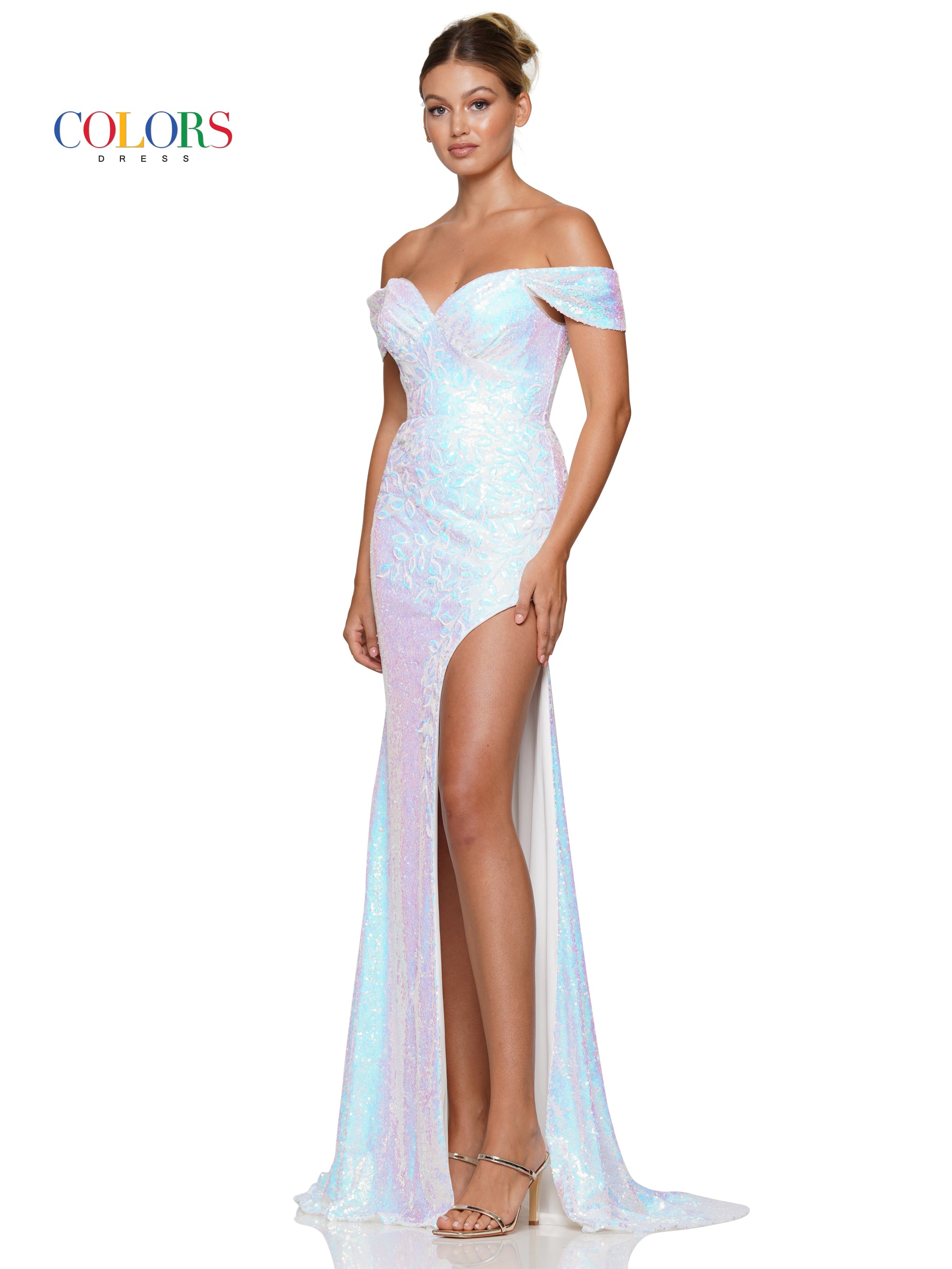 Orange Colors 3144 Long Off Shoulder Sequin Fitted Prom Dress for 389.99 The Dress Outlet