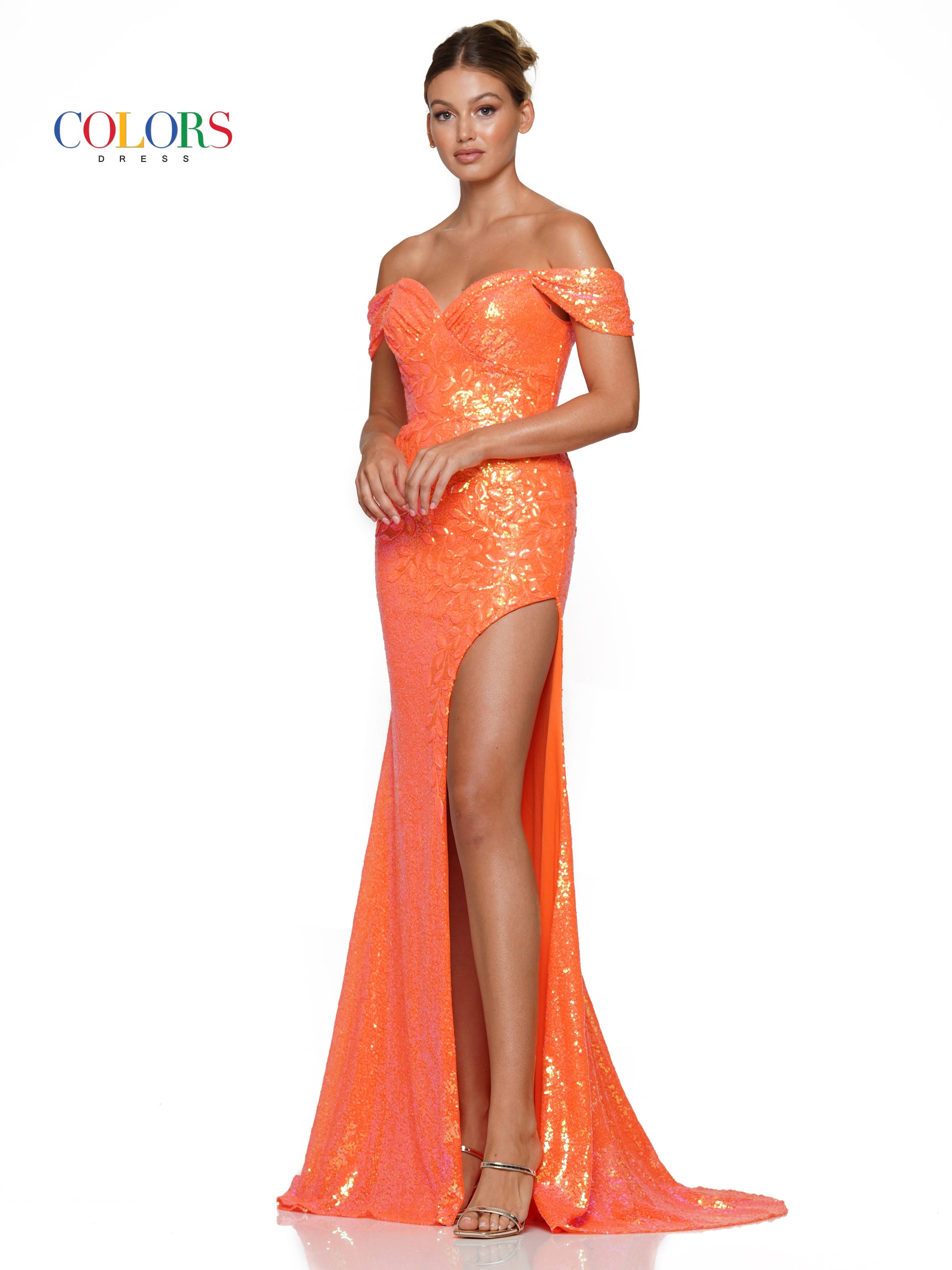 Colors 3144 Long Off Shoulder Sequin Fitted Prom Dress