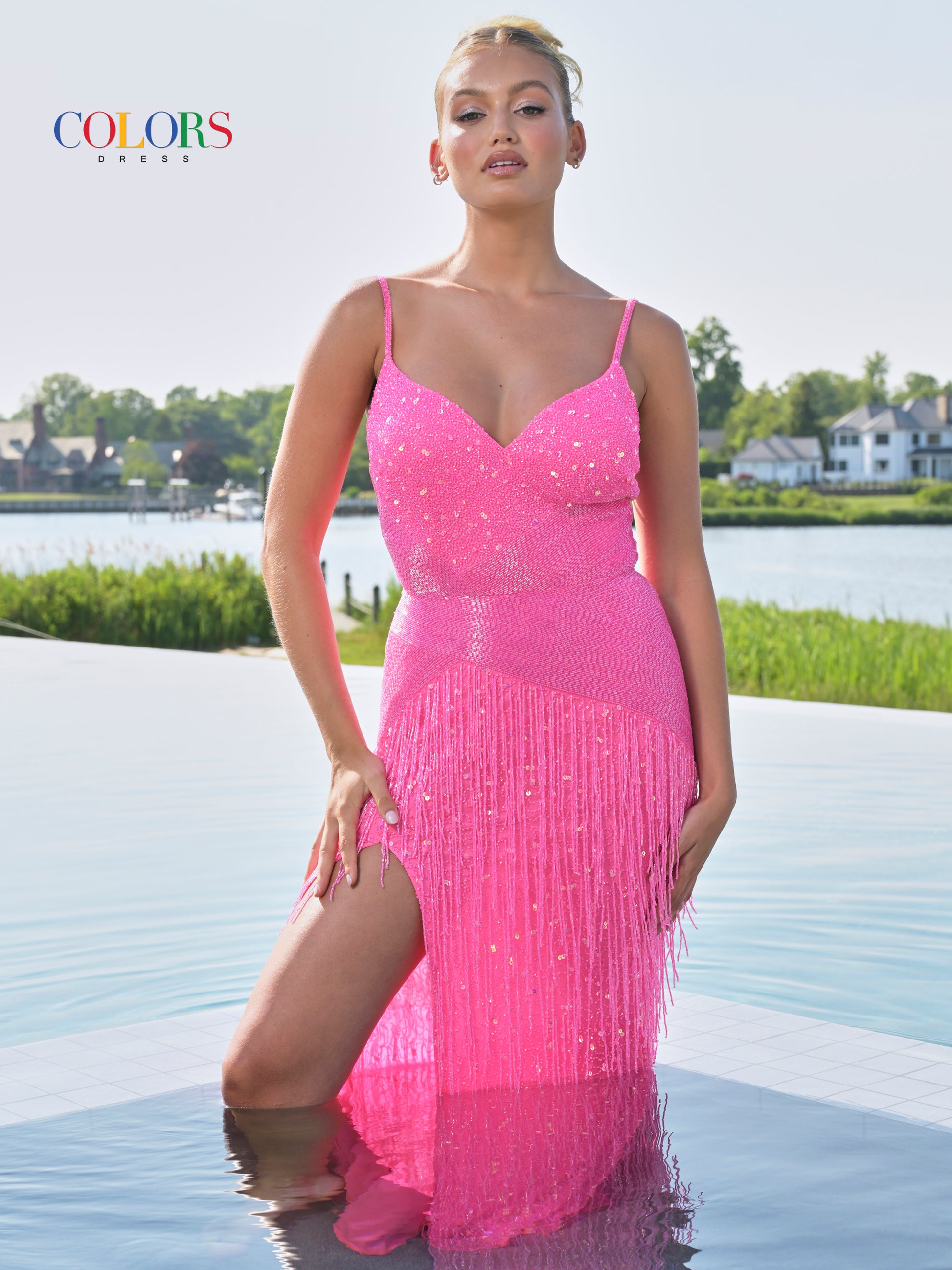 Colors 3147 Long Formal Beaded Fringe Prom Dress