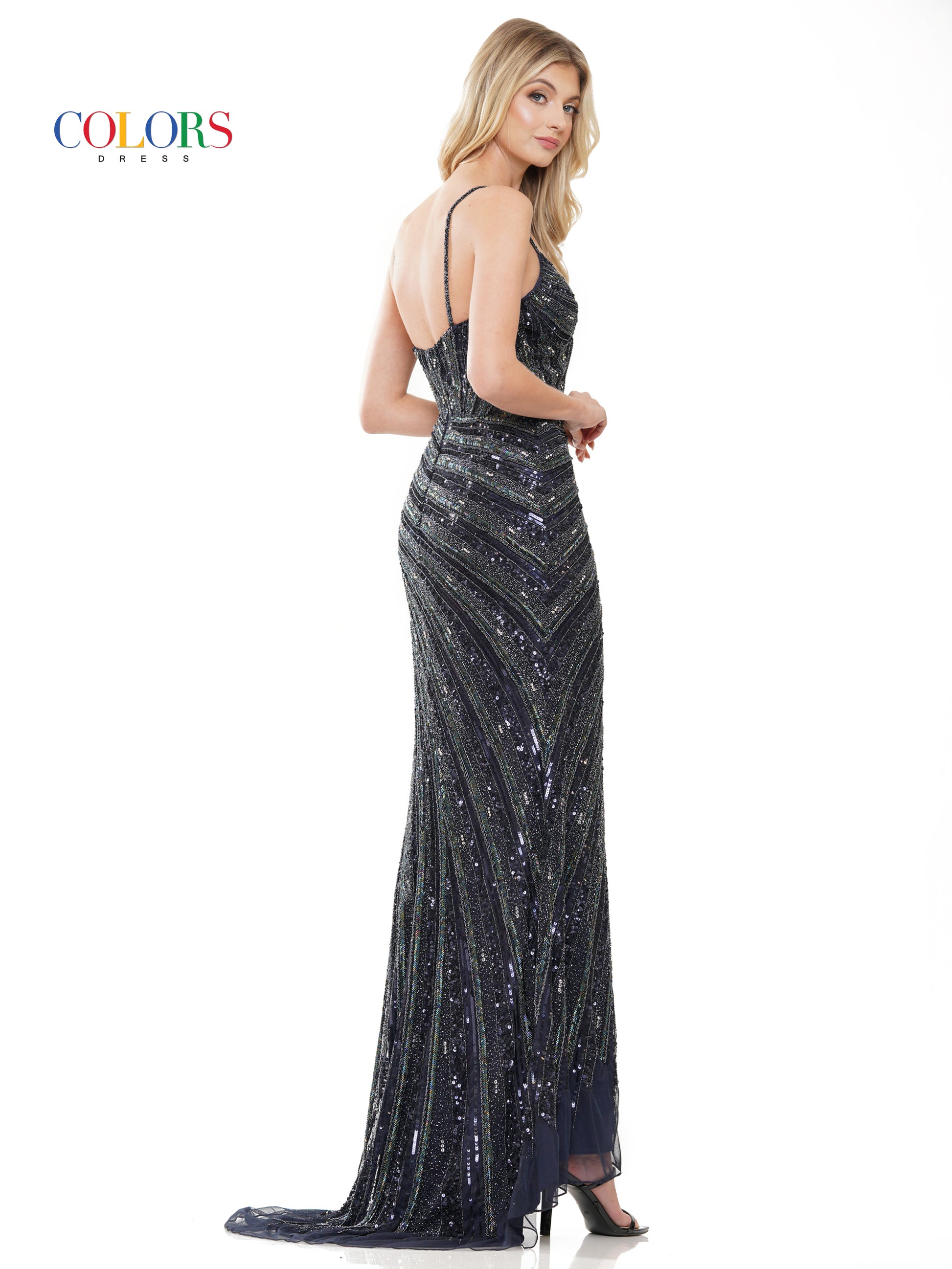 Colors 3150 Long Spaghetti Strap Formal Fitted Prom Dress