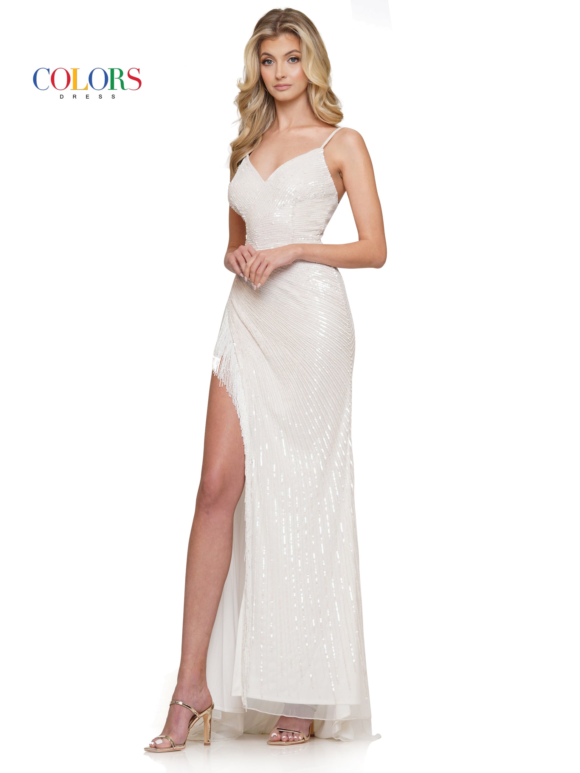 Colors 3151 Long Spaghetti Strap Fitted Prom Dress