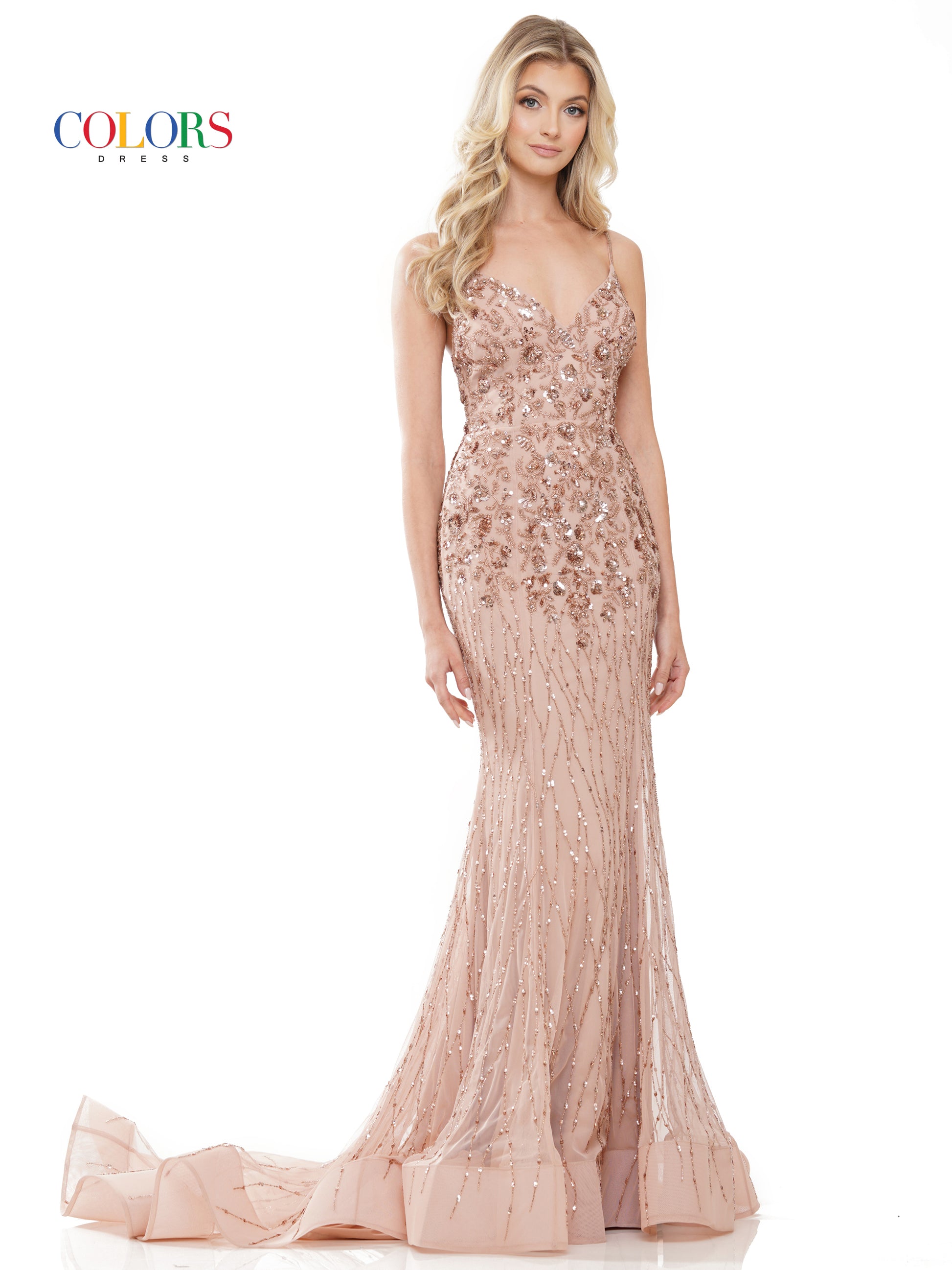 Colors 3152 Long Fitted Formal Beaded Mesh Prom Dress