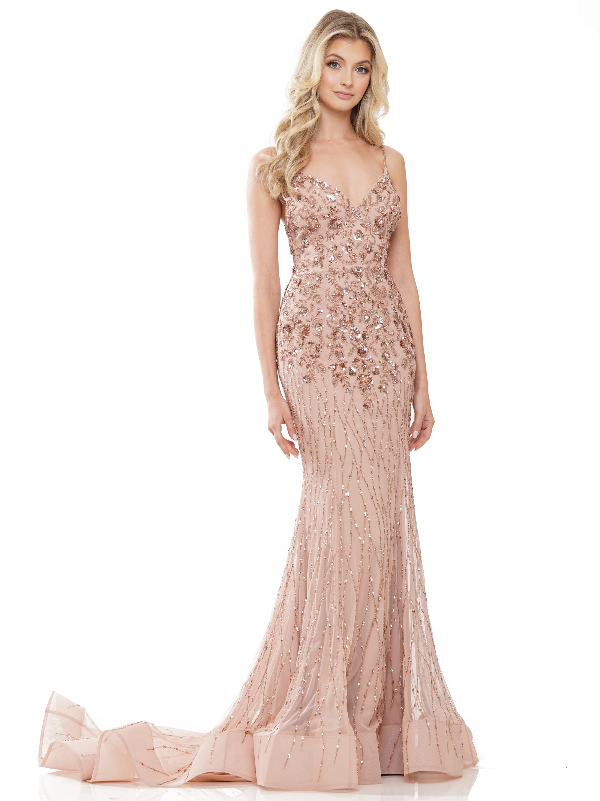 Prom Dresses Long Fitted Formal Beaded Mesh Prom Dress Mauve Rose Gold