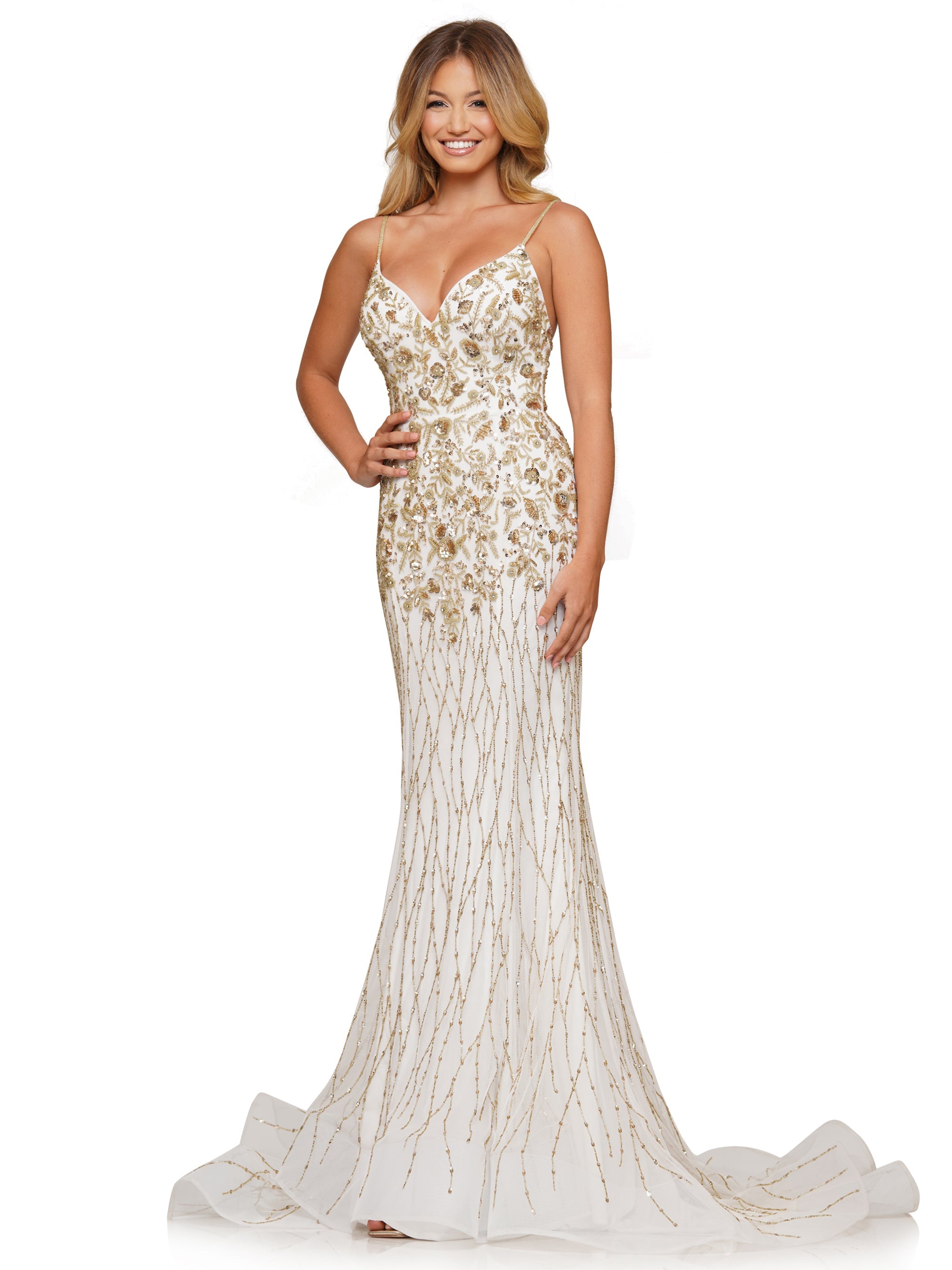 Prom Dresses Long Fitted Formal Beaded Mesh Prom Dress White Gold