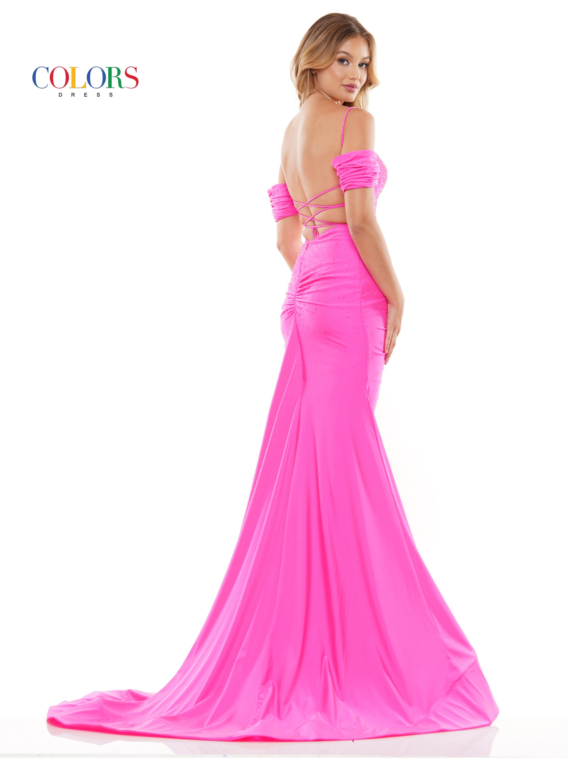 Colors 3158 Long Off Shoulder Formal Fitted Satin Prom Dress