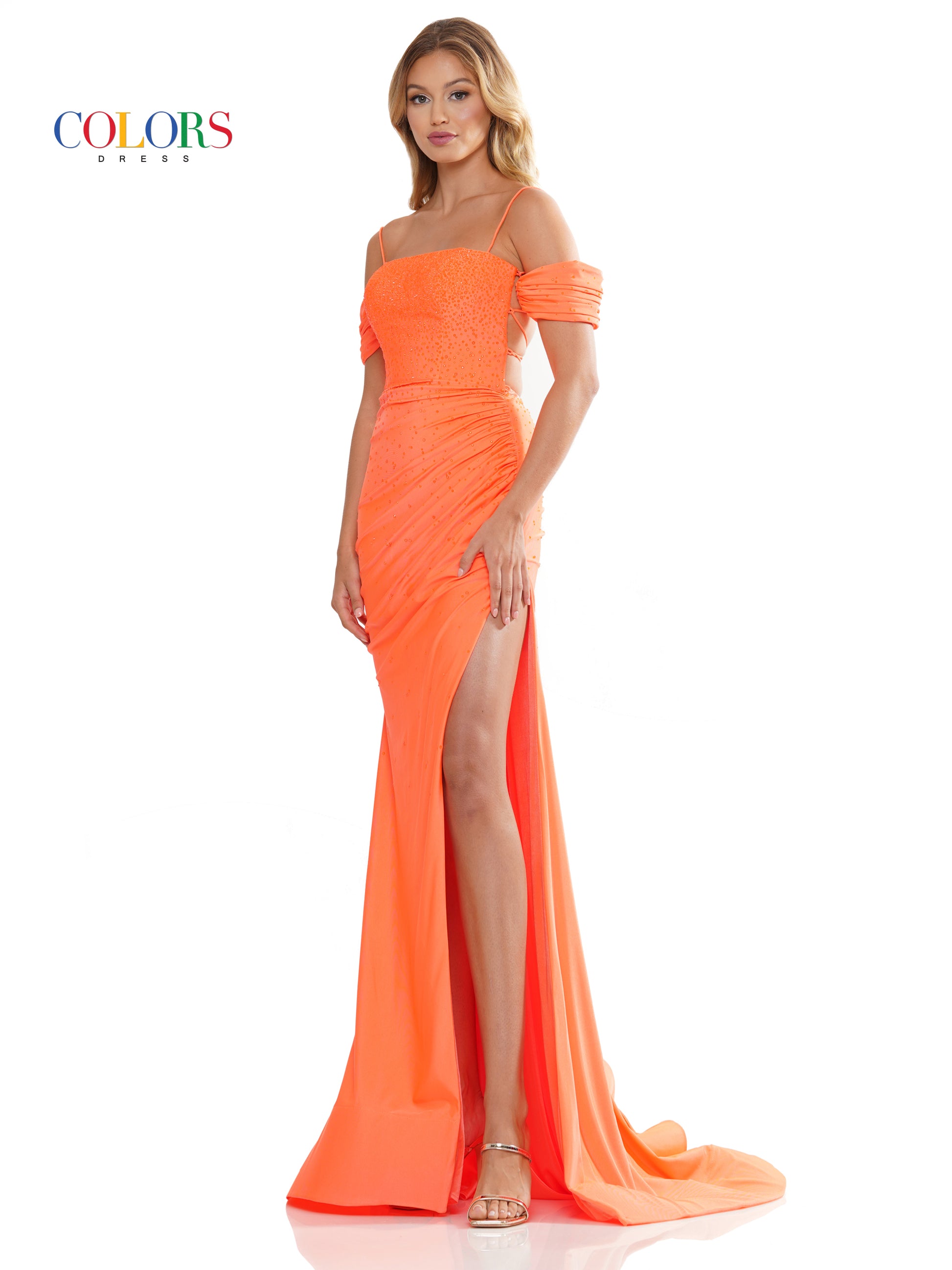 Colors 3158 Long Off Shoulder Formal Fitted Satin Prom Dress
