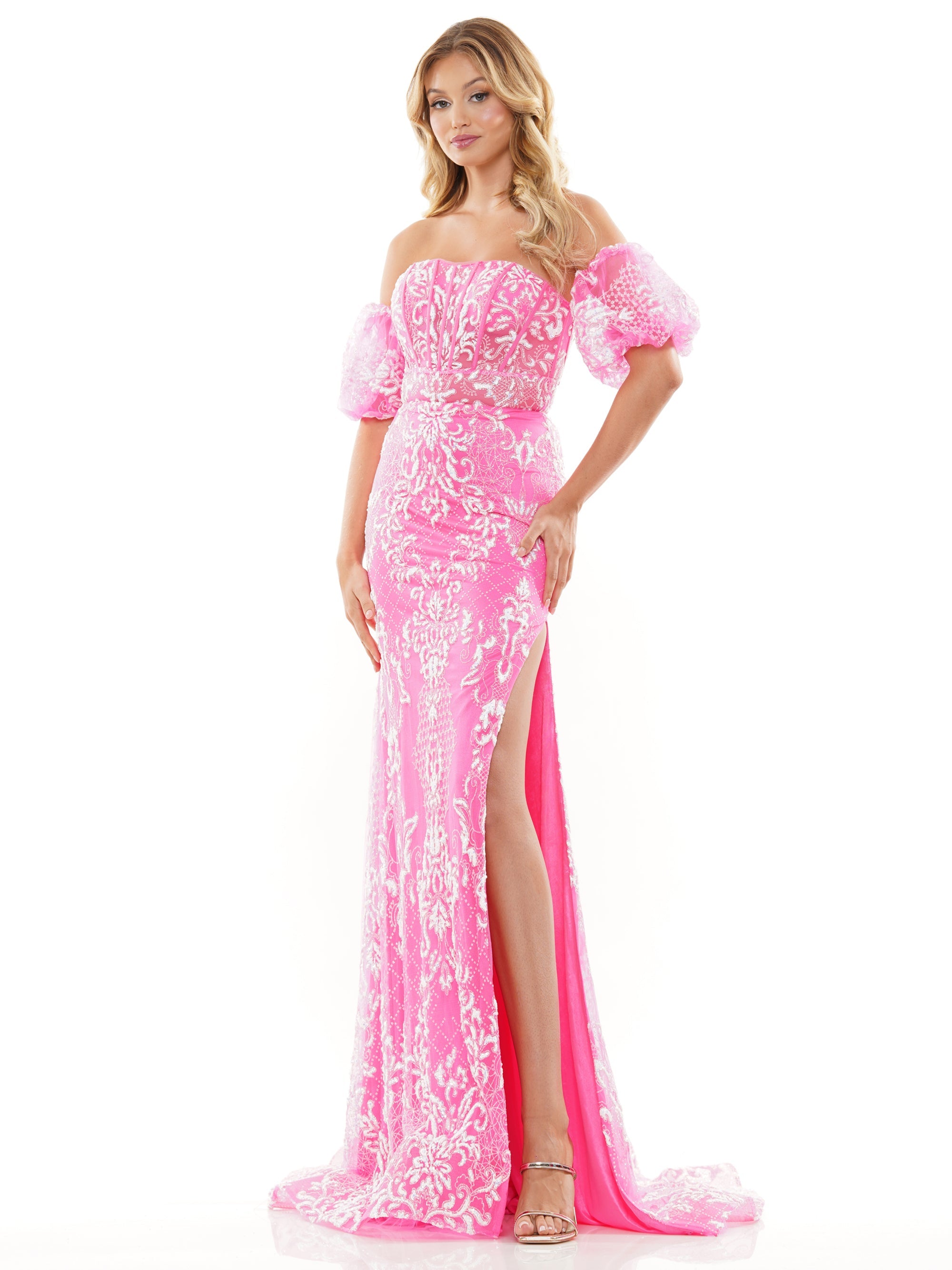 Prom Dresses Long Off Shoulder Glitter Mesh Prom Dress Hot Pink