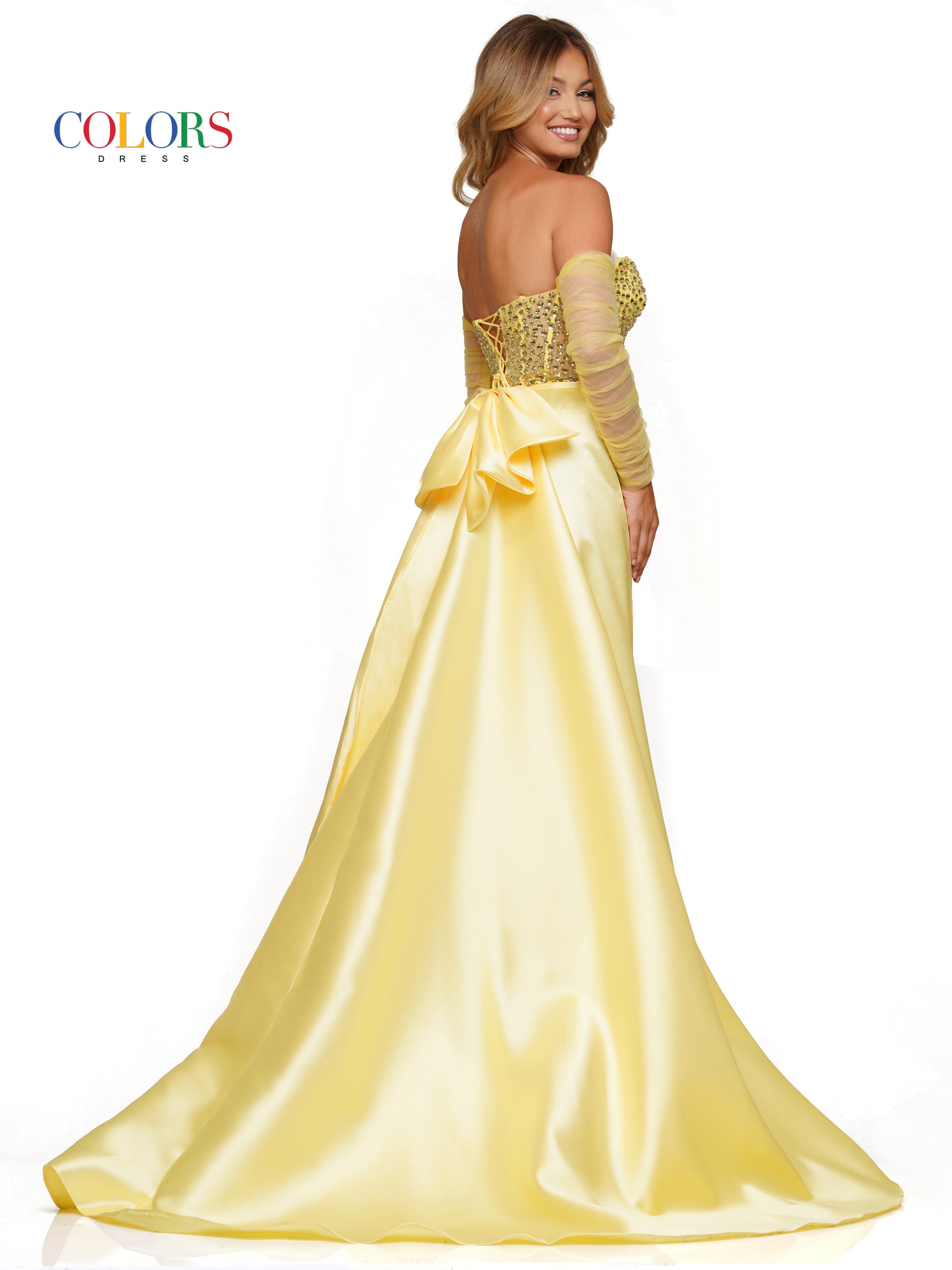 Colors 3168 Long  Formal Beaded Overskirt Prom Dress with Sleeves